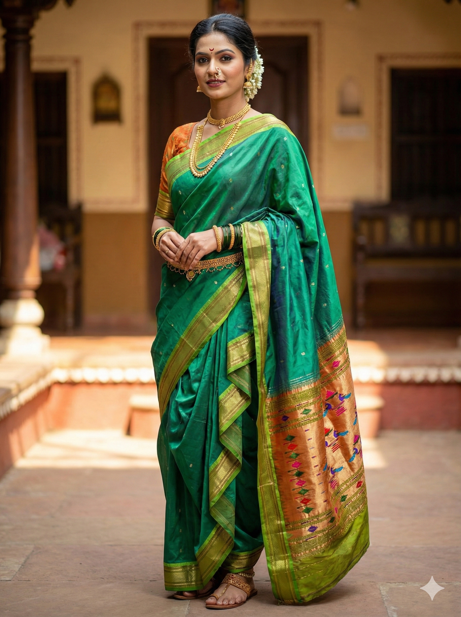 Handloom Authentic Parrot Green Soft Silk Saree with Golden Zari & Contrast Copper Pallu – Peacock Motif Pallu