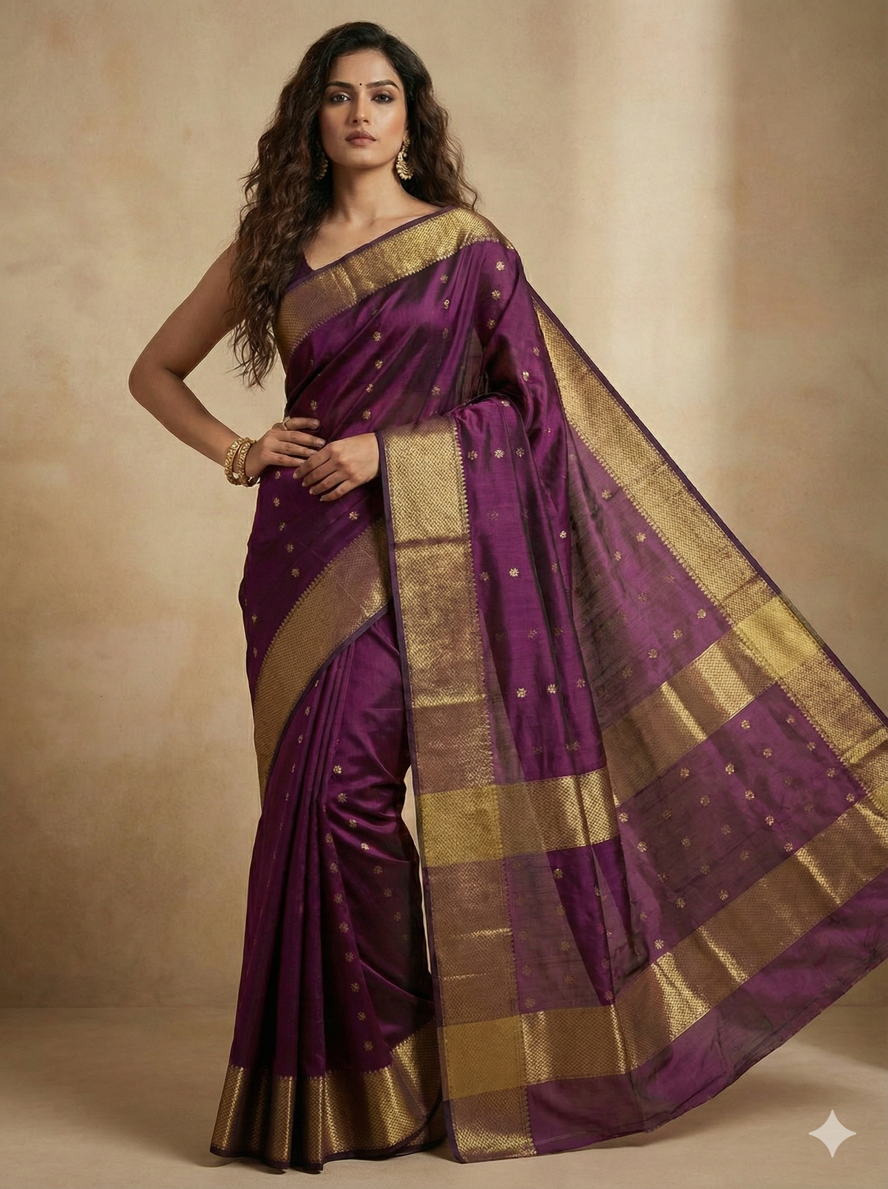 Deep Purple Handloom Maheshwari Silk Cotton Saree with Gold Zari Butta