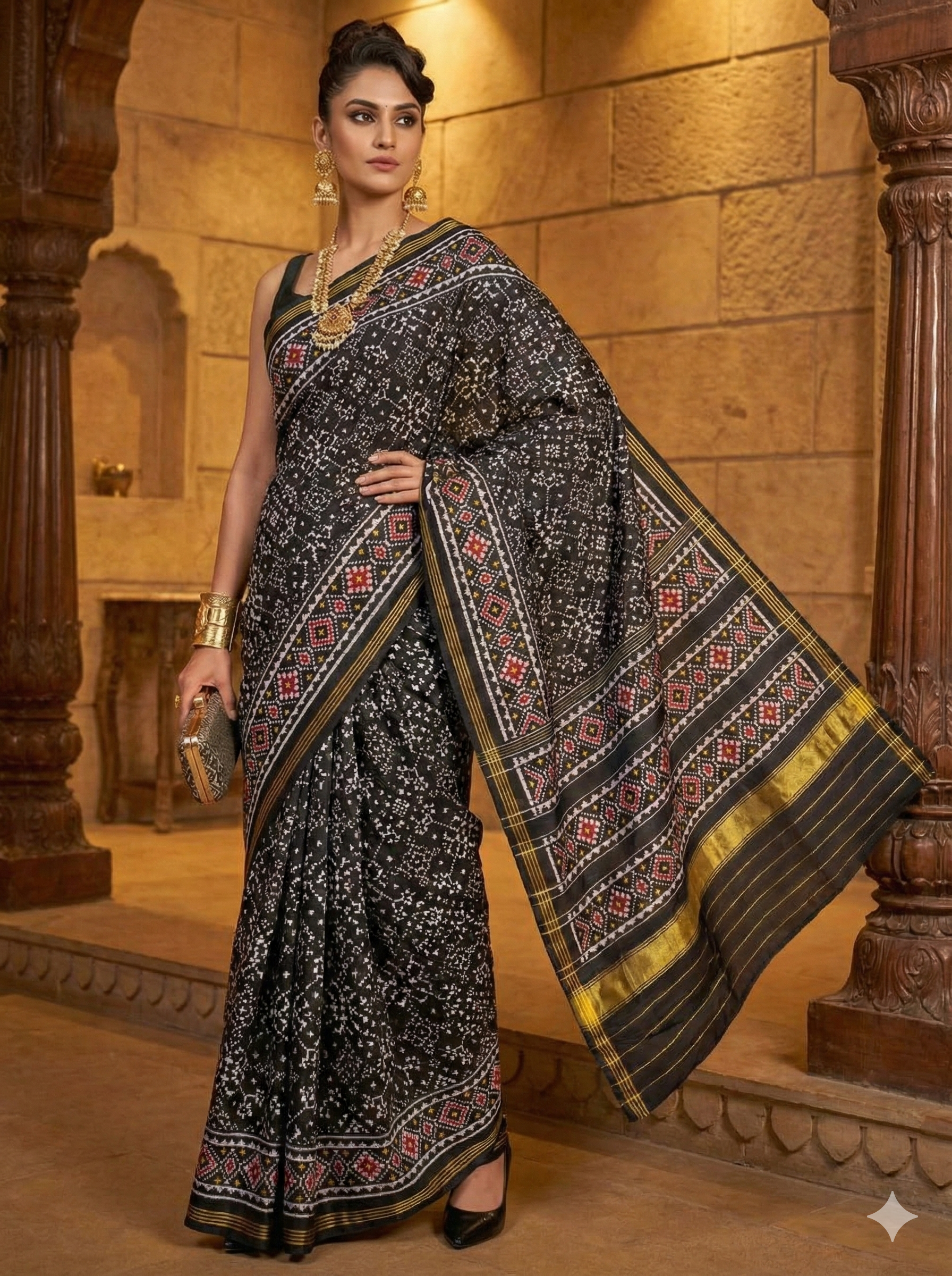Black & Gold - Traditional Patola Silk Saree with Single Ikat-Inspired Design