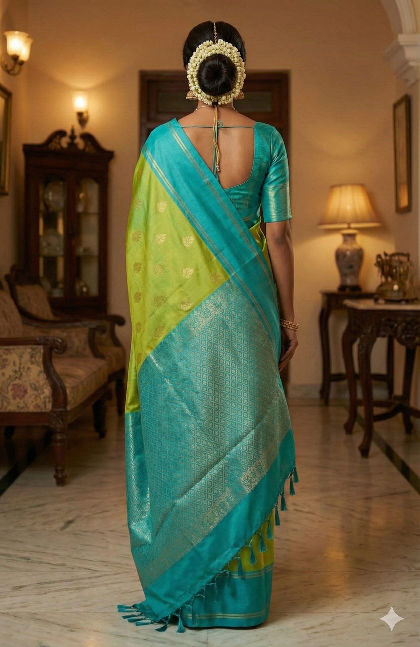 Ethereal Lime Green & Turquoise Blue Kanjivaram Silk Saree "Where Vibrant Hues Meet Divine Craftsmanship"