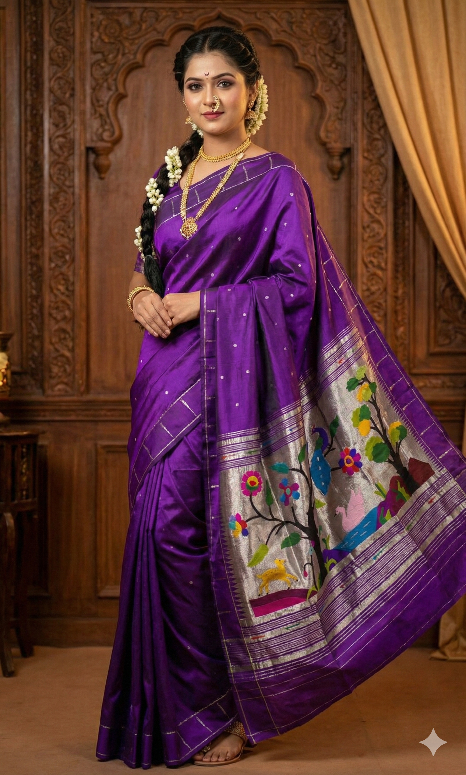 Deep Purple Handloom Pure Silk Paithani Saree with Rich Silver Zari Peacock & Tree of Life Pallu | Traditional Maharashtrian Wedding & Festive Wear