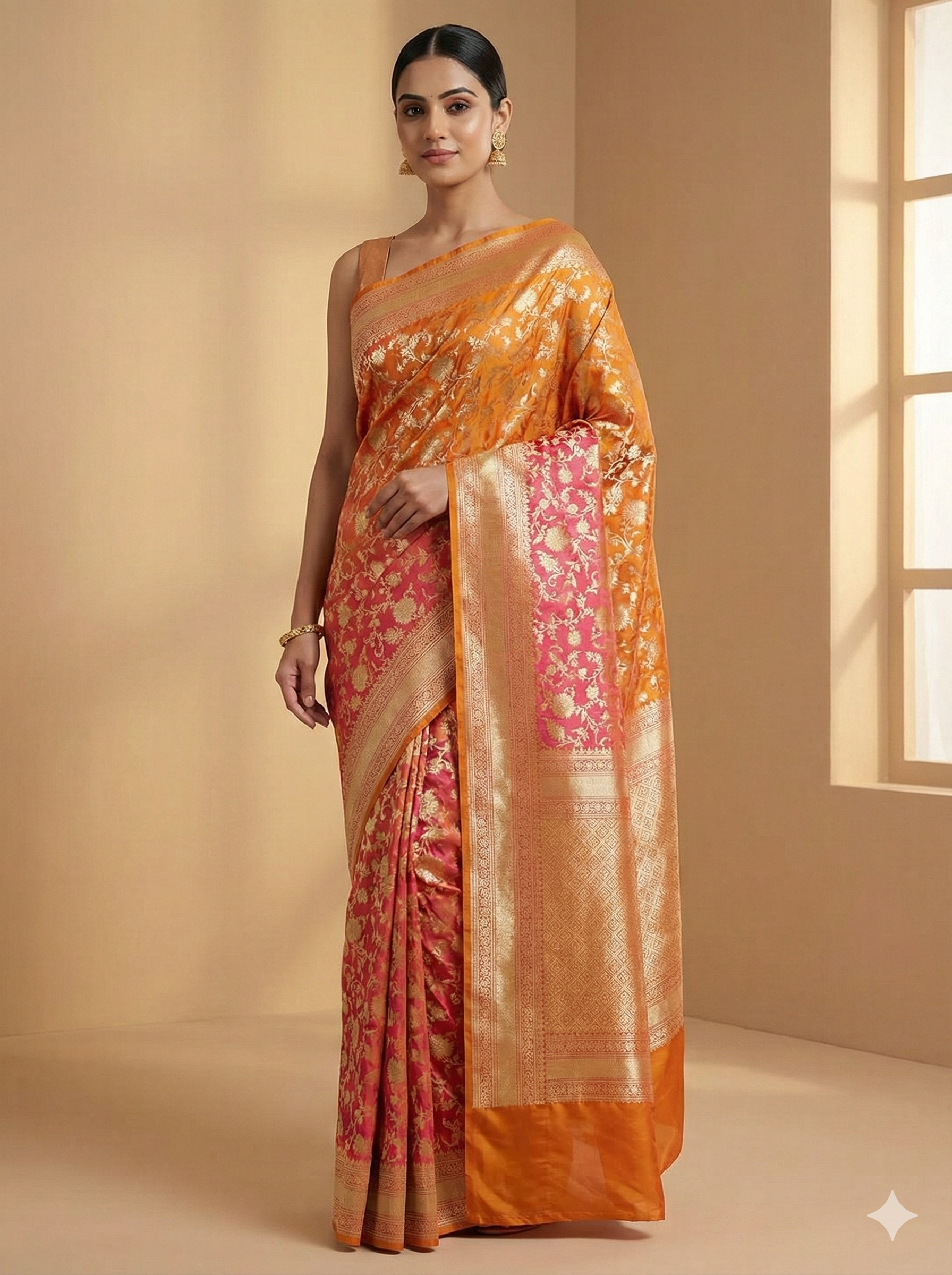 Exquisite Dual-Tone Mustard & Pink Pure Katan Silk Banarasi Saree with Traditional Jaal