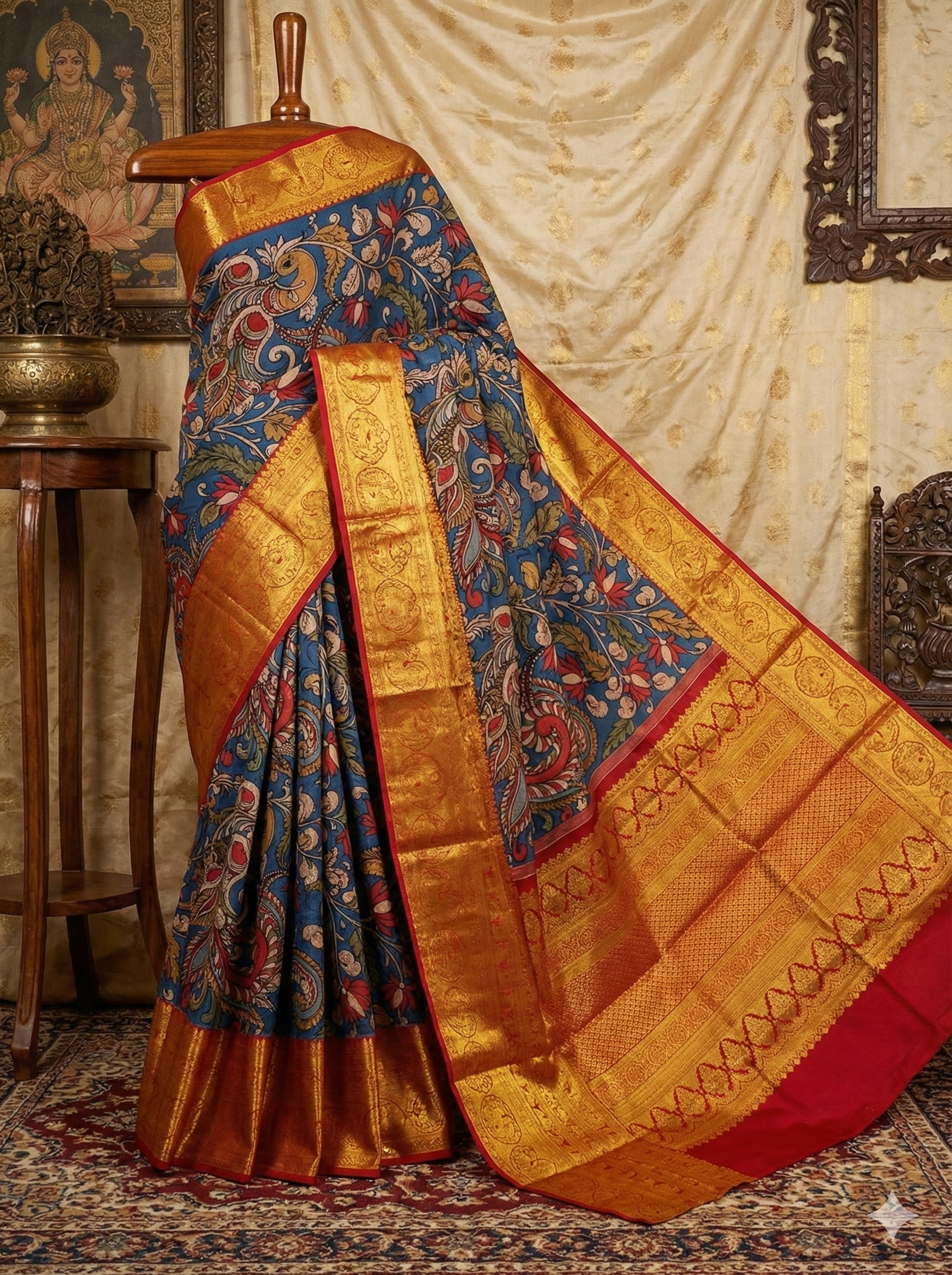 Indigo Blue Pen Kalamkari Kanchipuram Silk Saree – Peacock Motif & Big Zari Border