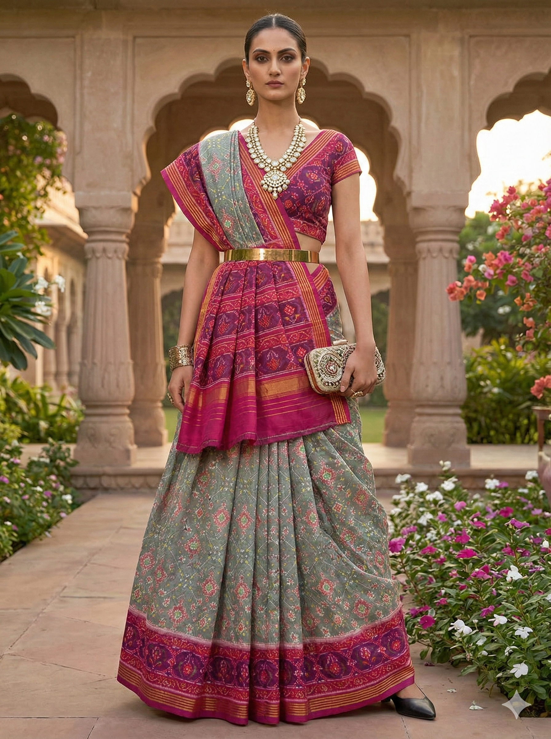 Grey & Magenta - Traditional Patola Silk Saree with Single Ikat-Inspired Design