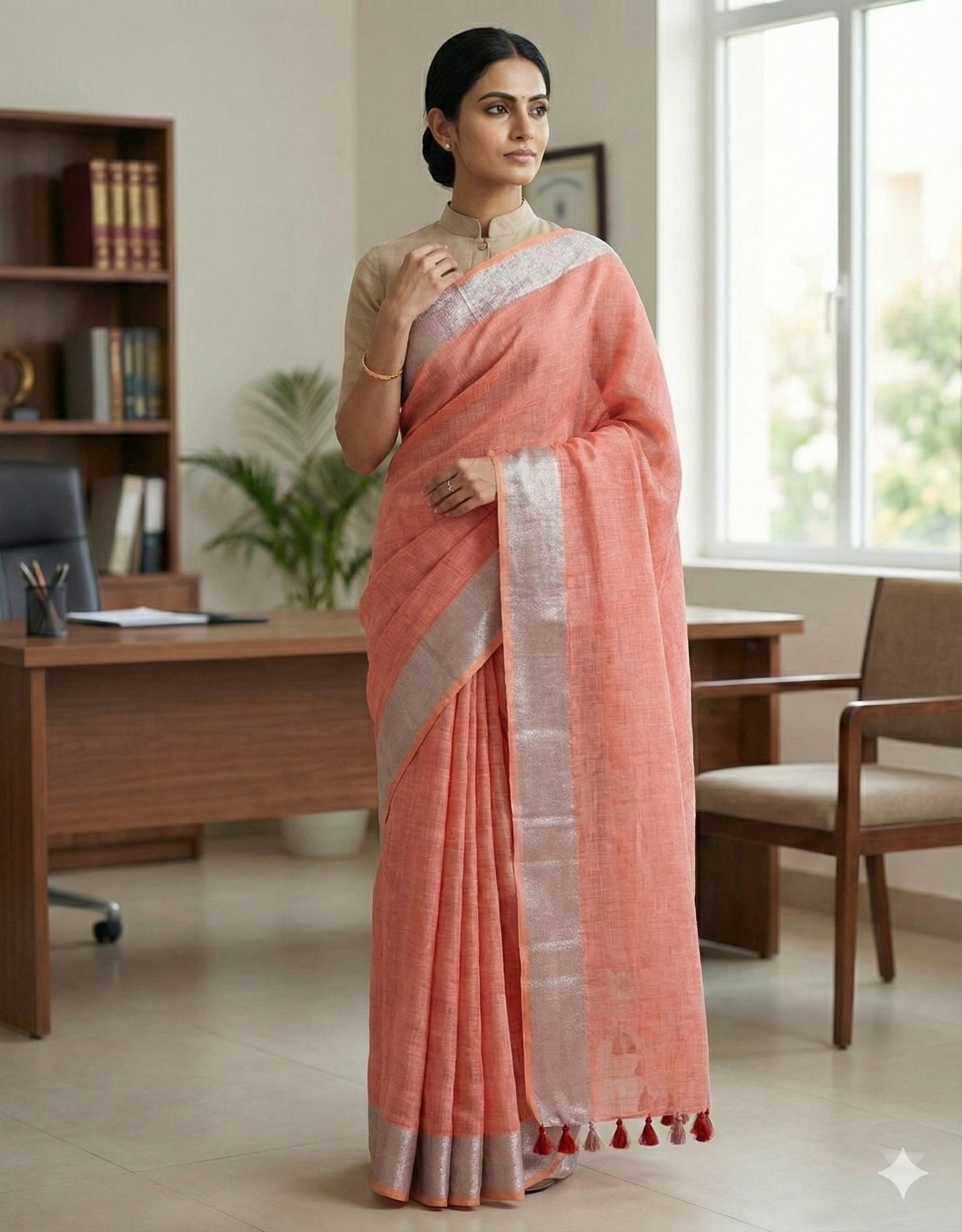 Pure Linen in a Muted Peach / Pastel Coral shade with a Silver Tissue Border