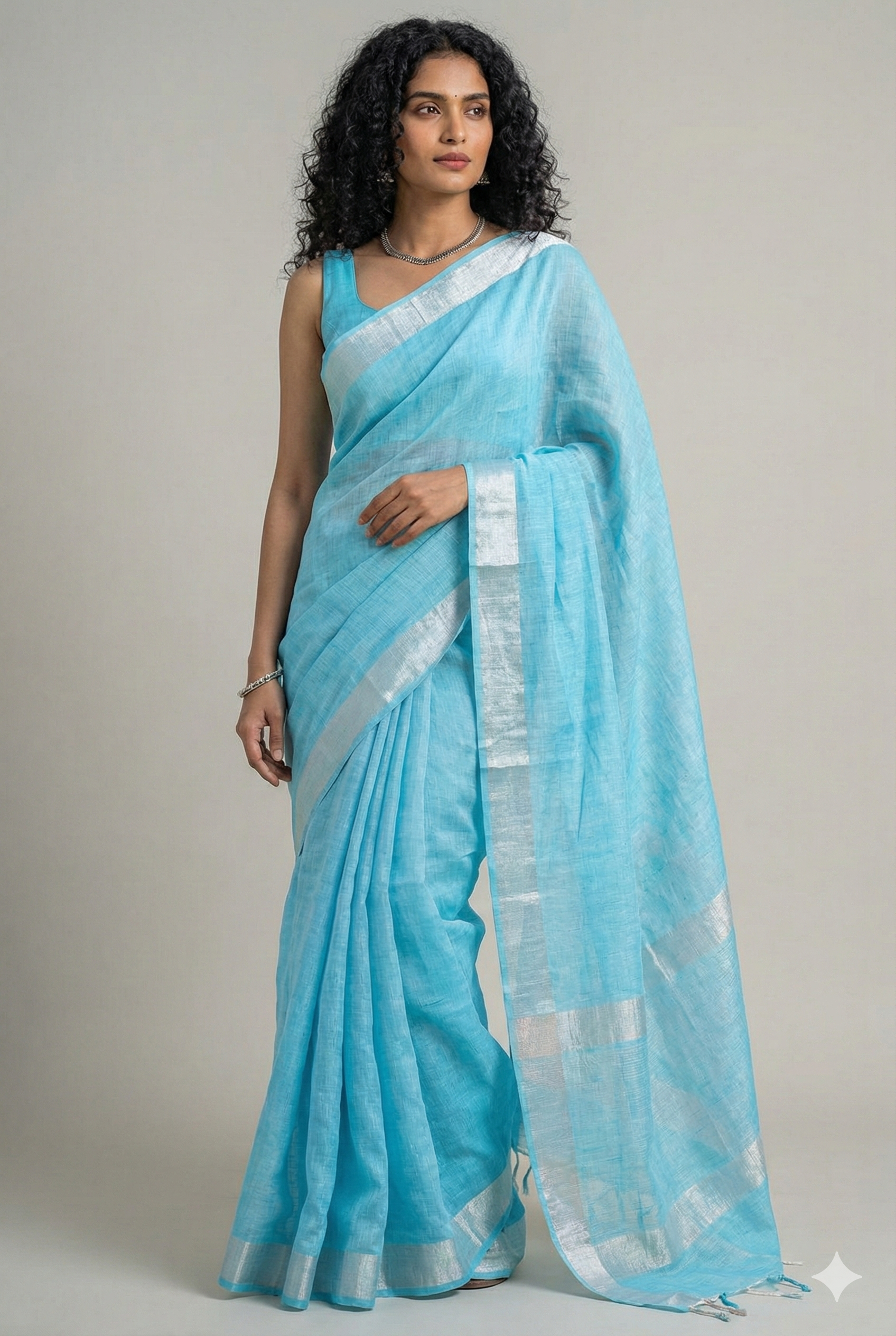 Pure Linen Saree in Cyan Blue with Silver Zari Border | Breathable Office Wear Saree