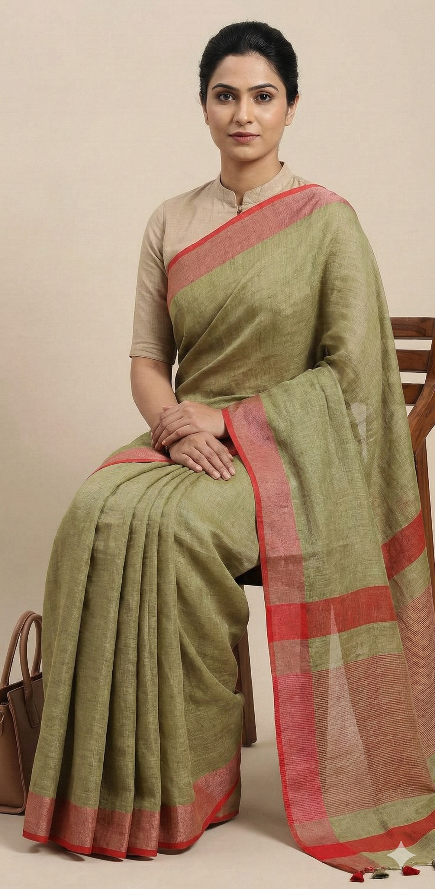 Olive Green Pure Linen Saree with Rust Red Contrast Border | Professional Work Wear
