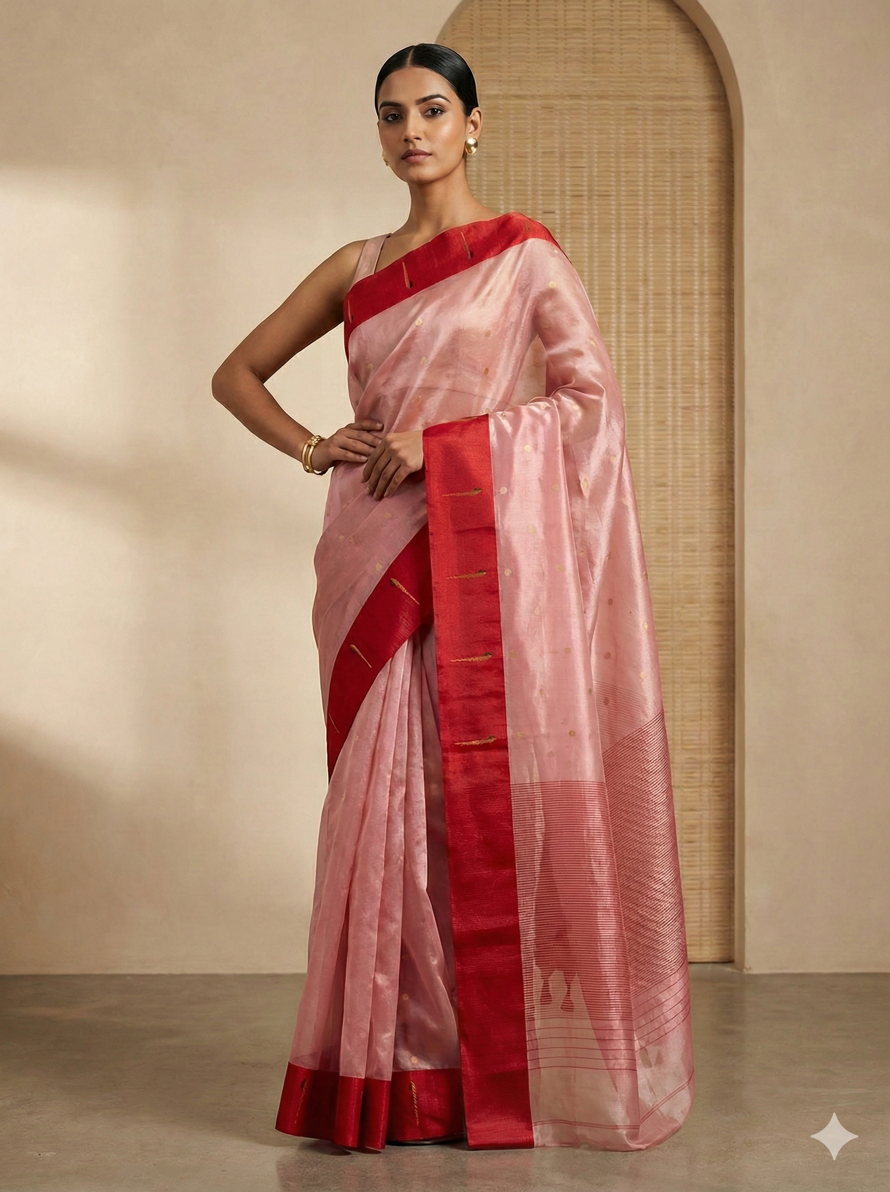 Elegant Pink Organza Silk Chanderi Saree with Gold Polka Dots and Wide Red Zari Border - Festive & Party Wear
