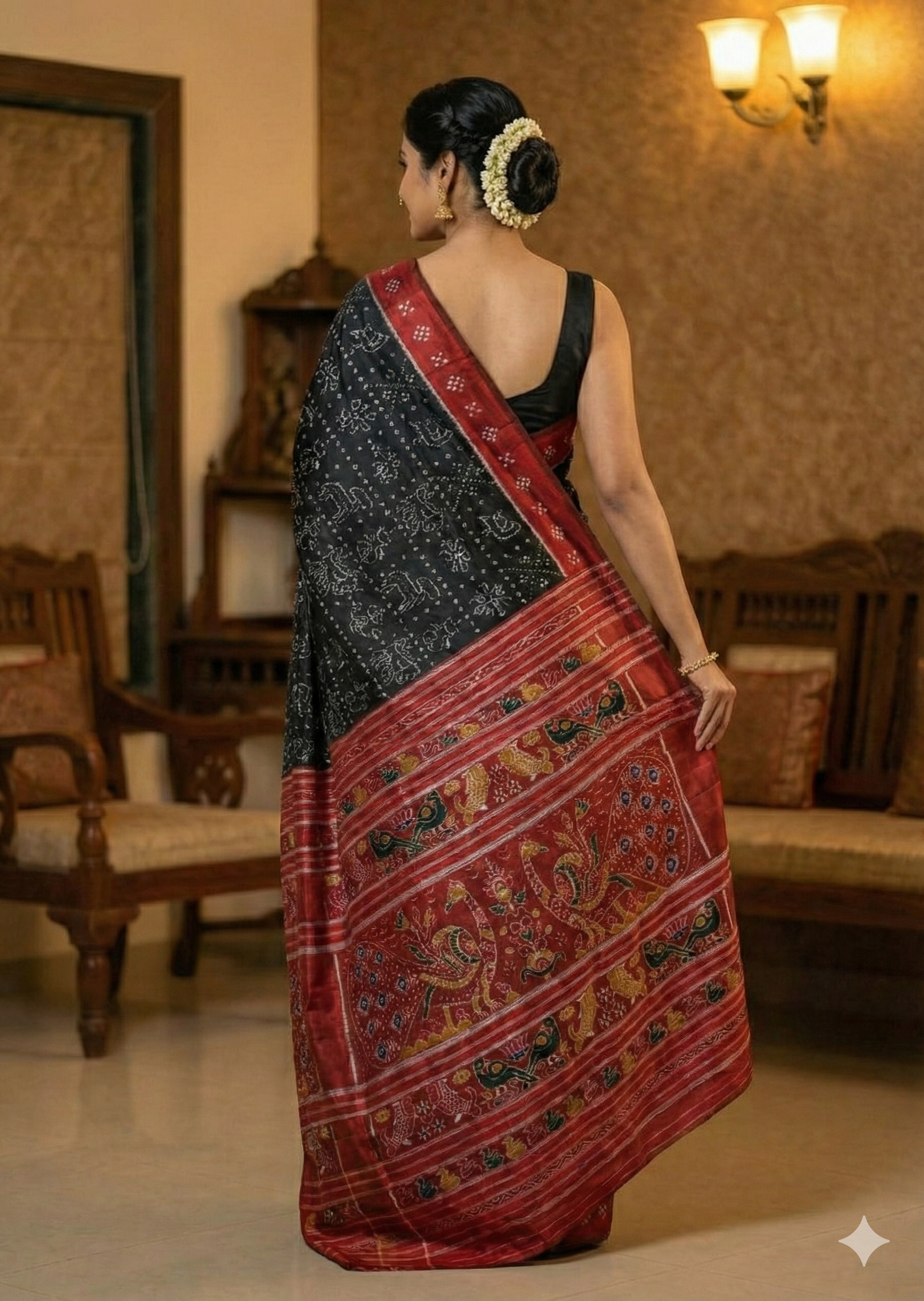 EXCLUSIVE Odisha Khandua Mulberry Silk | Heavy 4‑Ply Black Saree with Peacock Border & Pallu