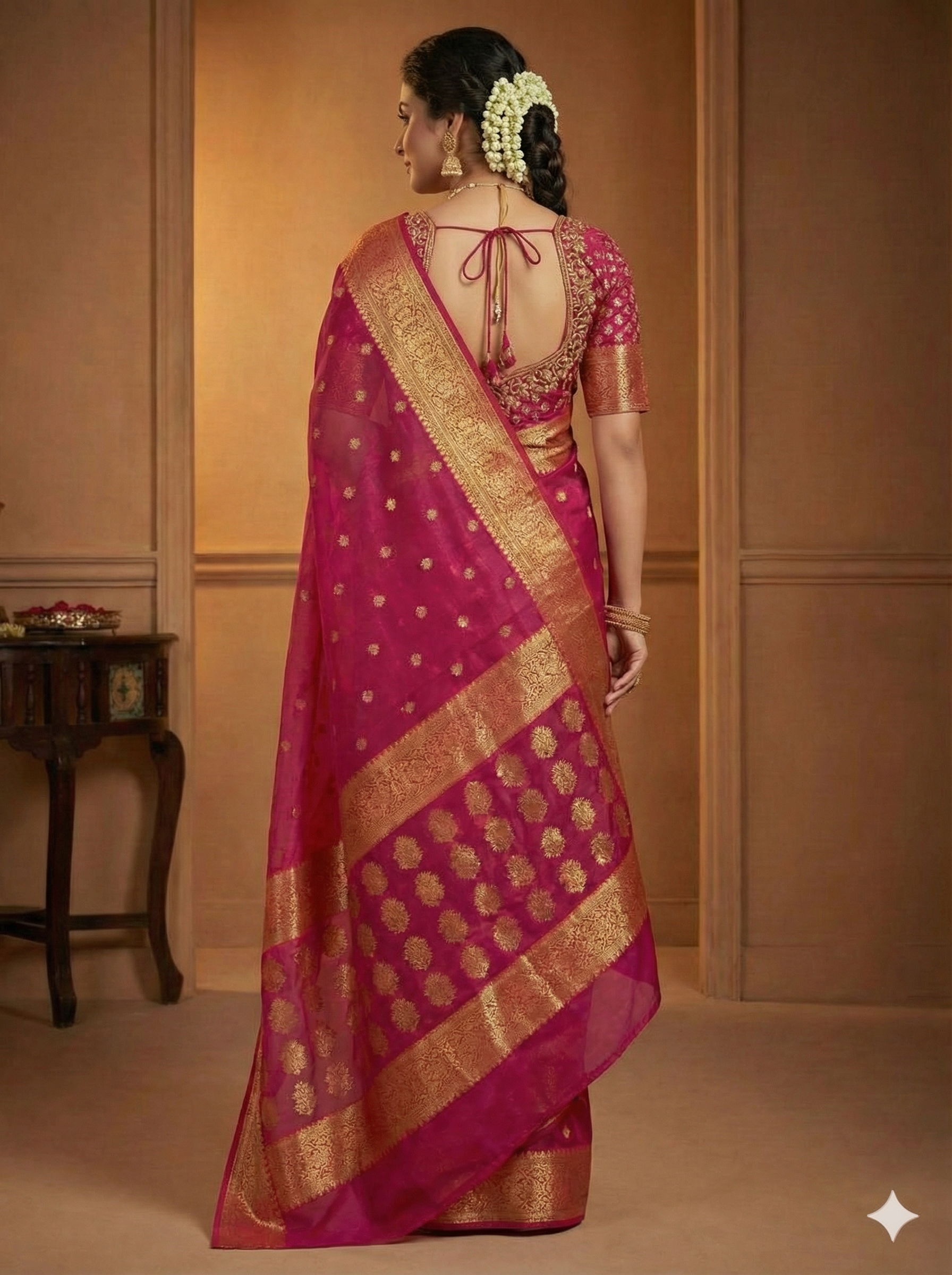 Exquisite Chanderi Katan Silk Saree in Magenta with Gold Zari Work