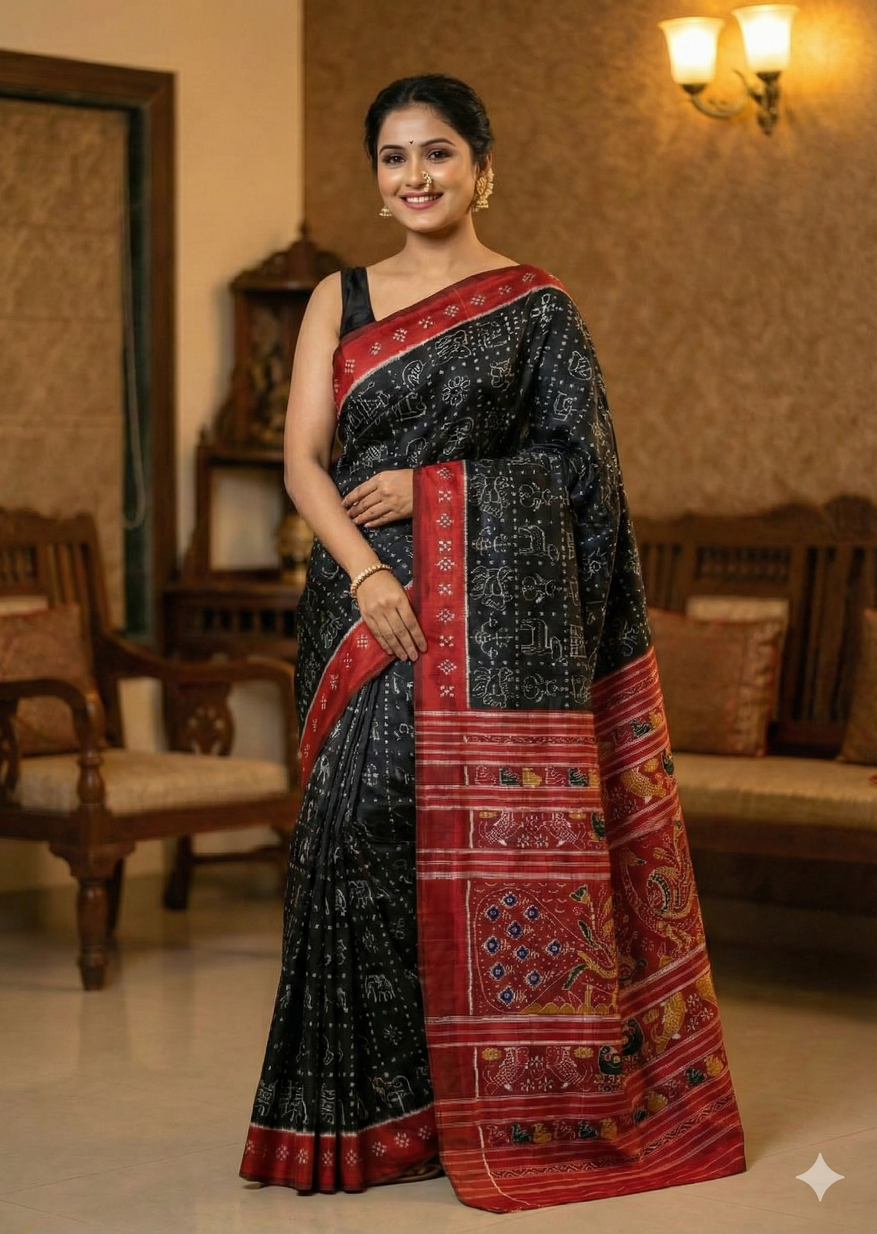 EXCLUSIVE Odisha Khandua Mulberry Silk | Heavy 4‑Ply Black Saree with Peacock Border & Pallu