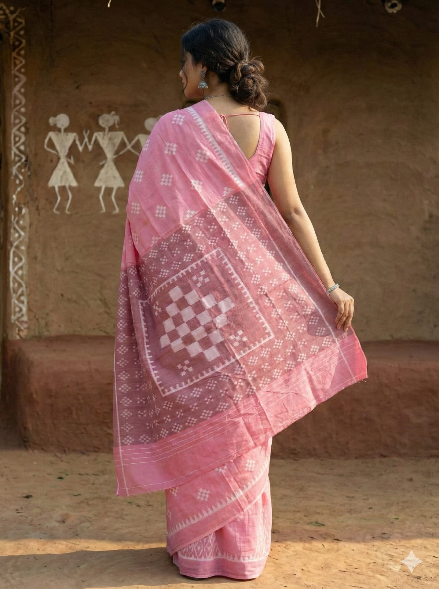 Traditional Pink Cotton Hazarbuti Saree featuring Exclusive Geometric Pallu | Odisha Handloom Saree