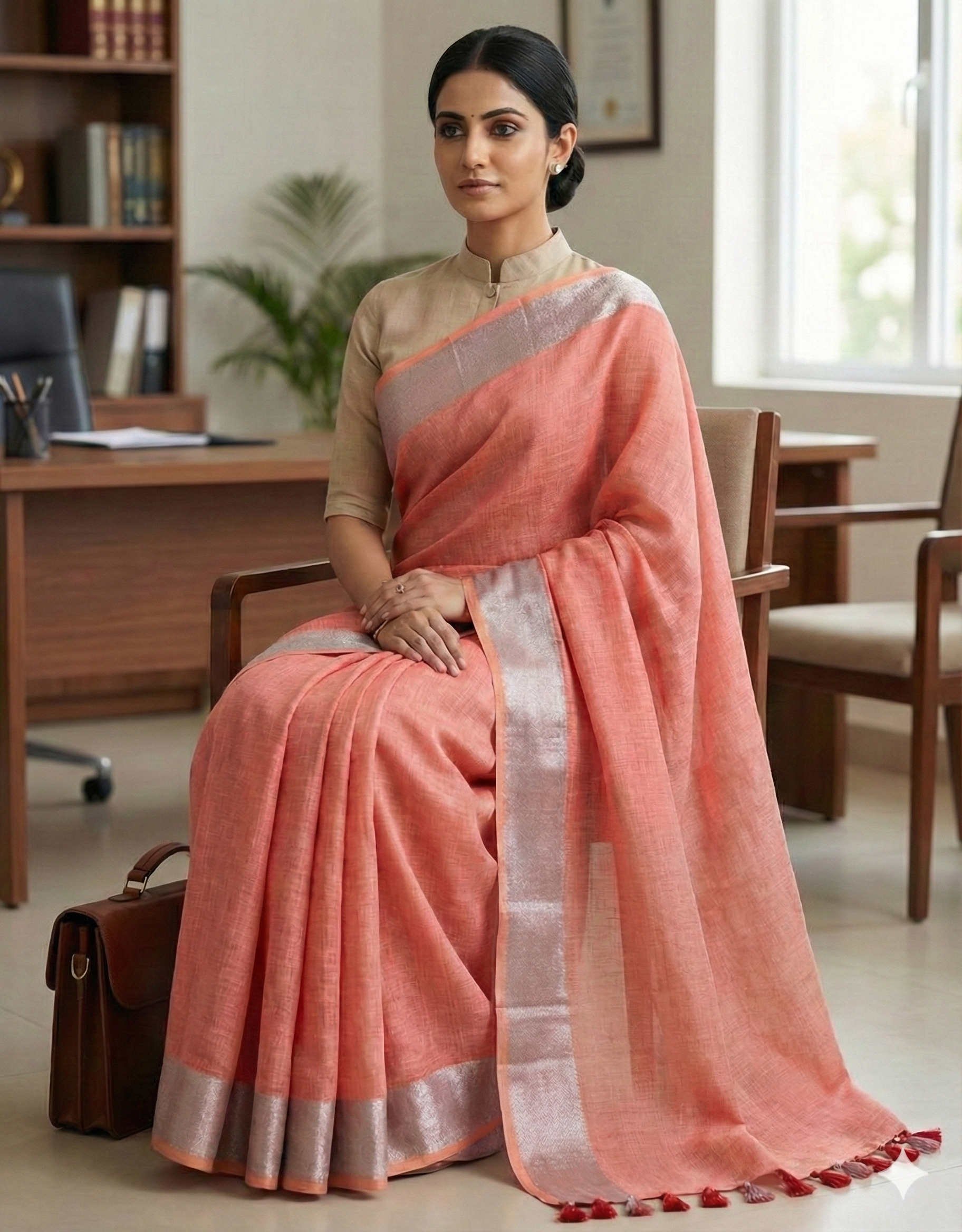 Pure Linen in a Muted Peach / Pastel Coral shade with a Silver Tissue Border