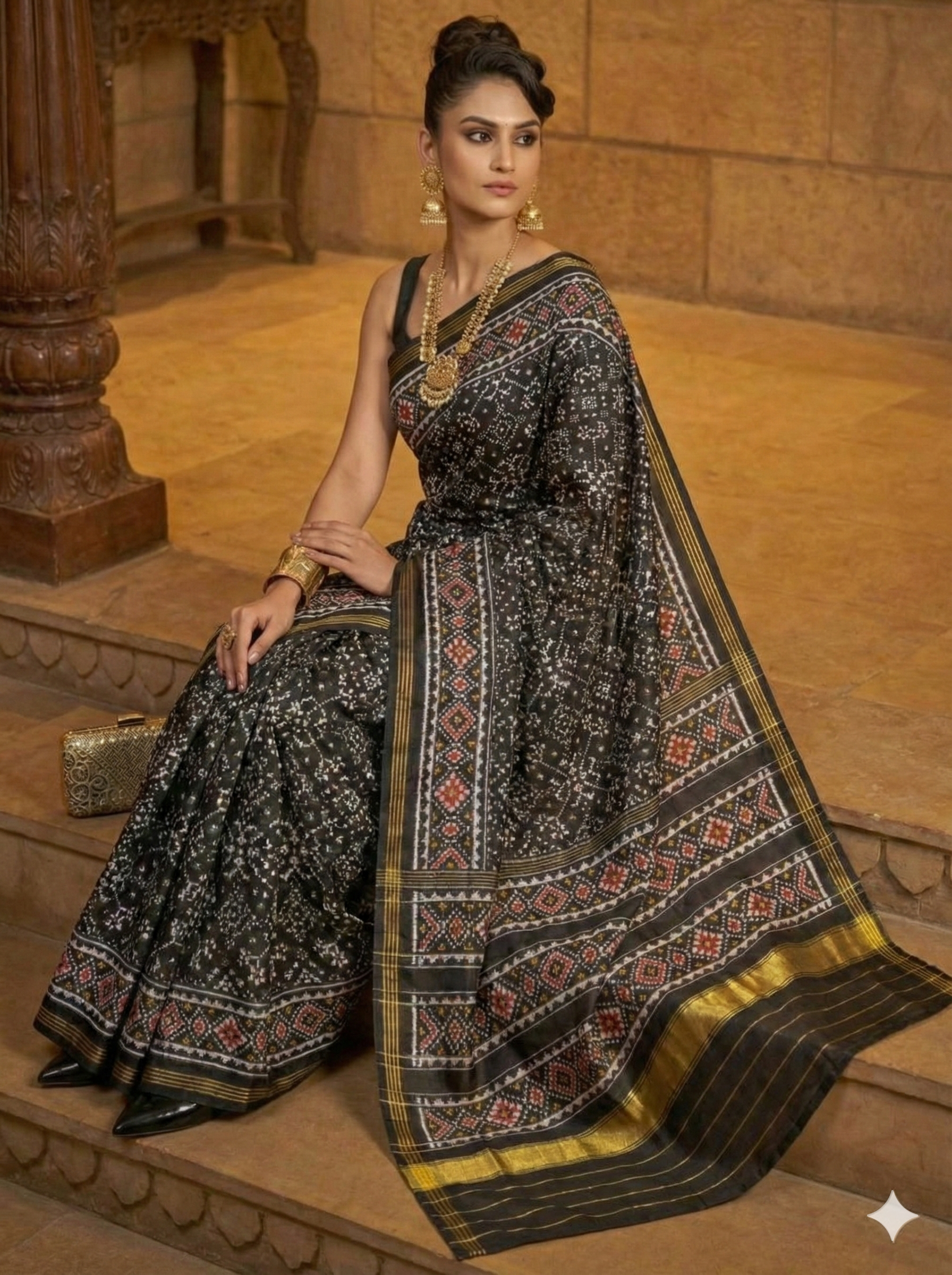 Black & Gold - Traditional Patola Silk Saree with Single Ikat-Inspired Design