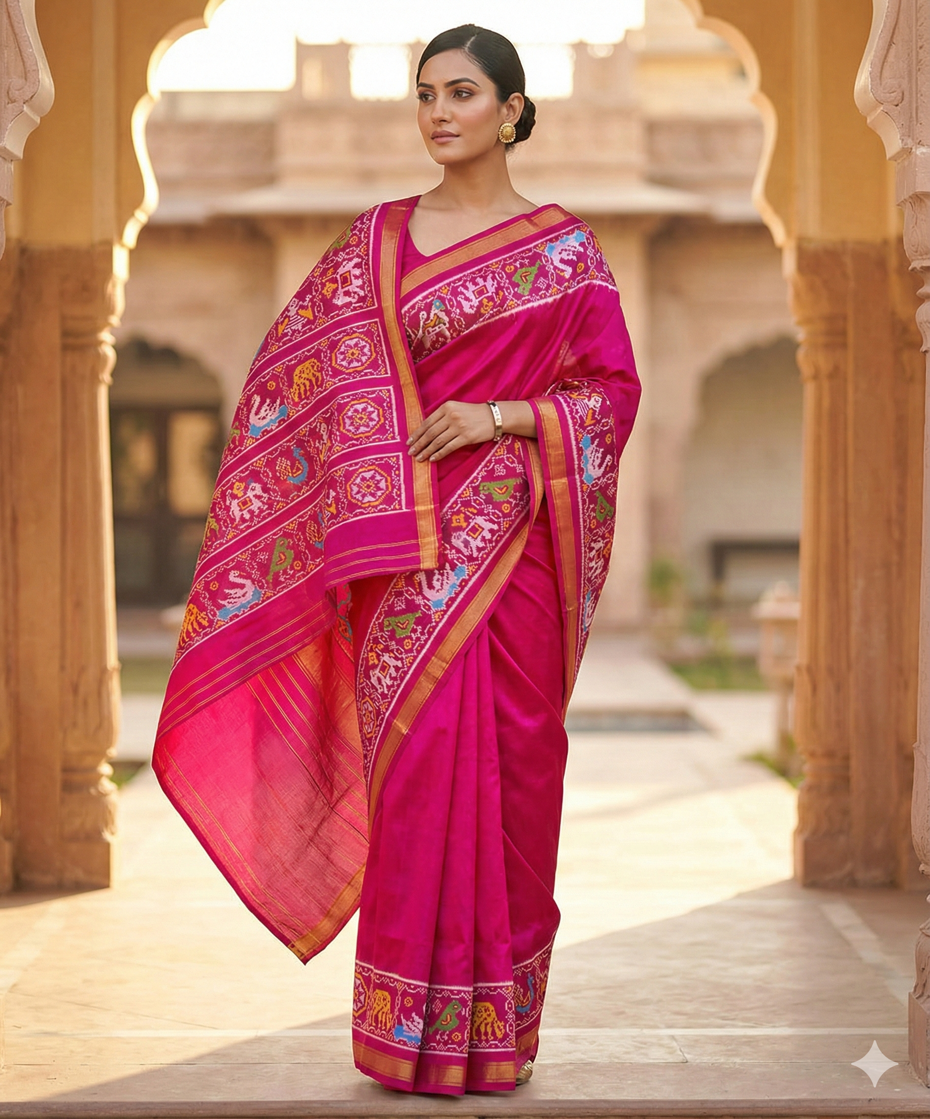 Hot Pink Semi Double Ikat Pure Silk Saree with Multicolor Animal Motifs and Rich Zari Border – Perfect for Weddings & Festive Wear