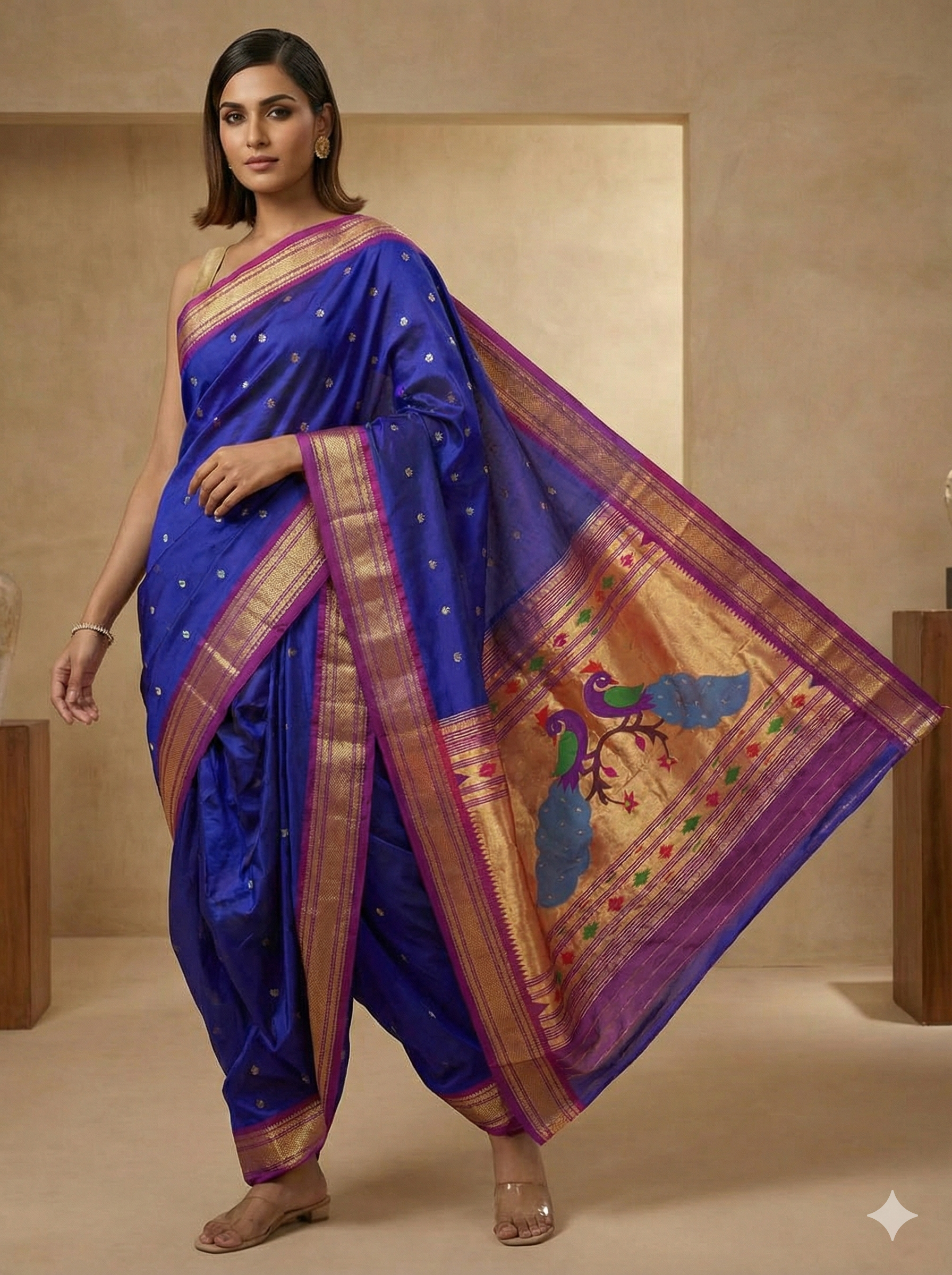 Royal Blue Paithani Silk Saree with Rich Purple Peacock Pallu & Gold Zari Work