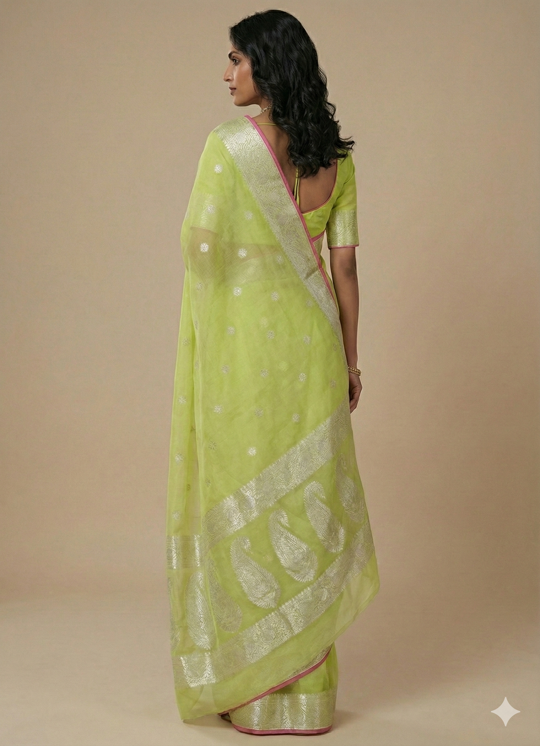 khaddi Chiffon Mysore Silk lemon green Saree – Handcrafted Elegance
