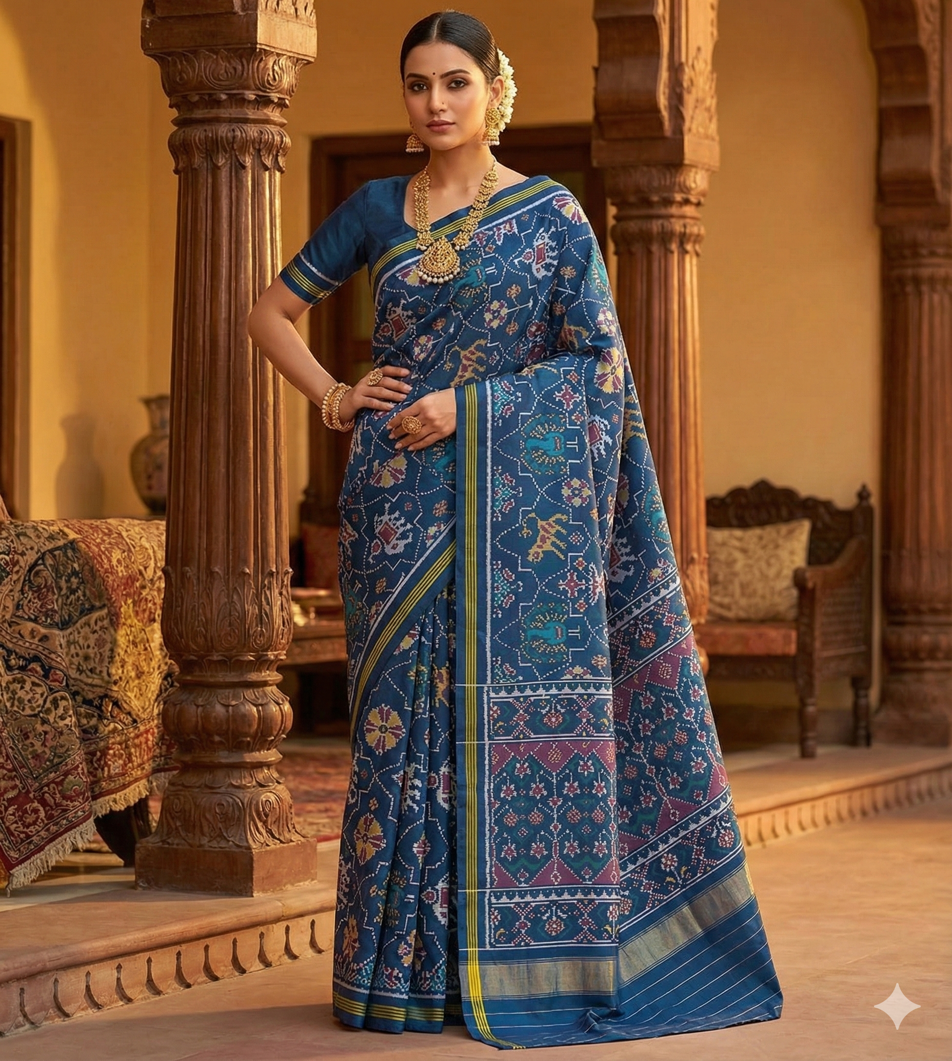 Teal Blue Patola Silk Saree with Elephant and Floral Motifs – Handwoven Single Ikat inspired Design