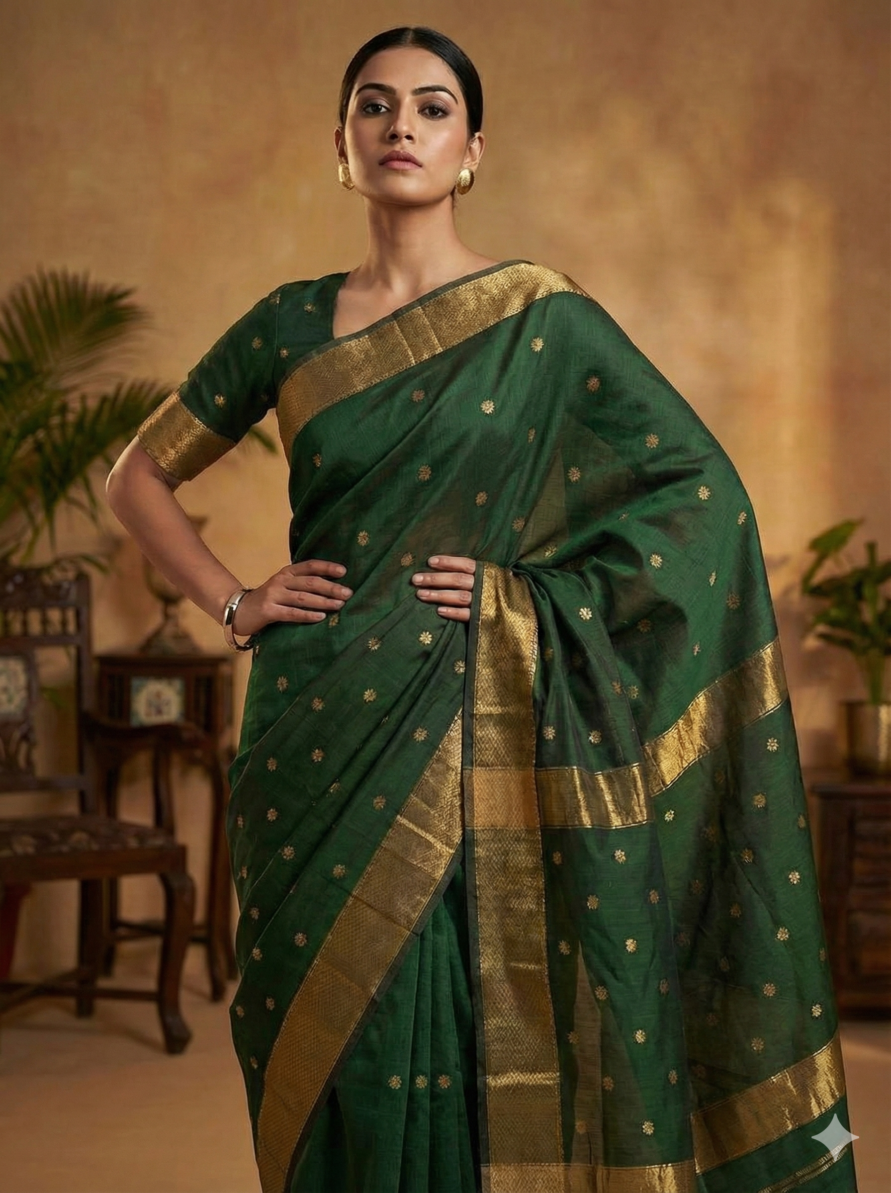 Handloom Elegant Dark Green Maheshwari Cotton Silk Saree with Gold Zari