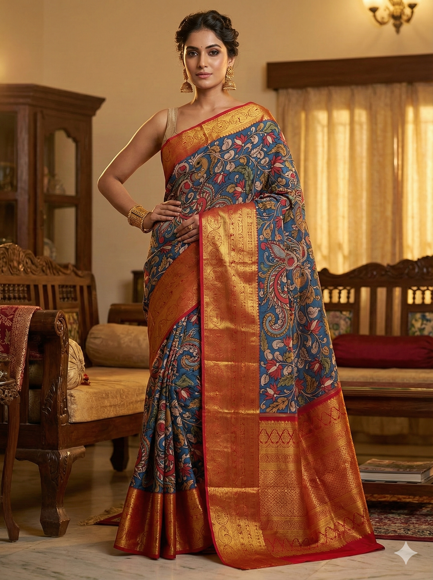 Indigo Blue Pen Kalamkari Kanchipuram Silk Saree – Peacock Motif & Big Zari Border