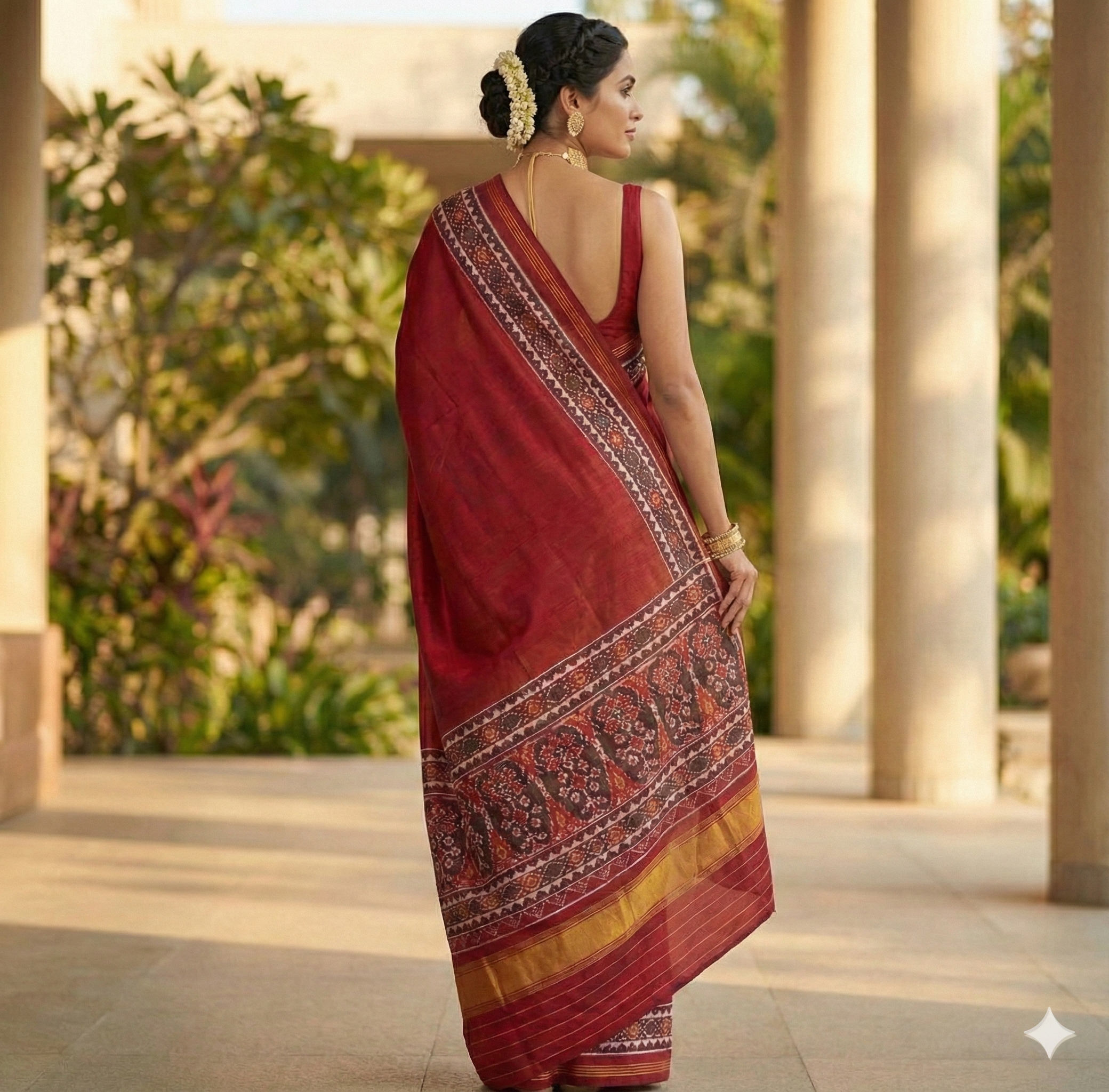 Maroon Art Silk Patola Saree with Geometric Ikat Print – Handwoven Single Ikat inspired Design