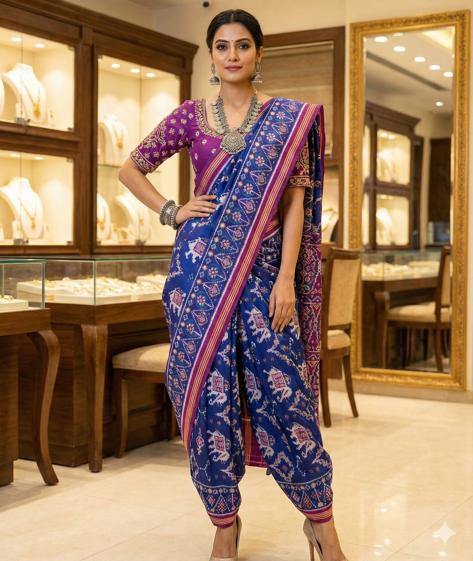 Royal Blue Patola Silk Saree with Elephant Motifs – Handwoven Single Ikat-Inspired Design
