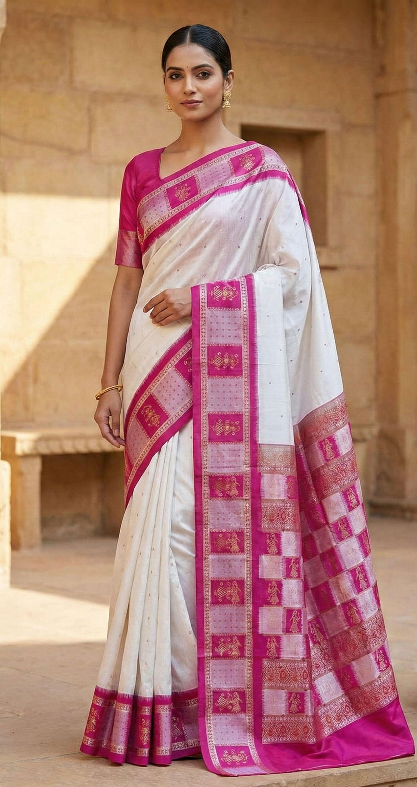 Exquisite White & Rani Pink Doll Border Bomkai Silk Saree - Handwoven Odisha Handloom