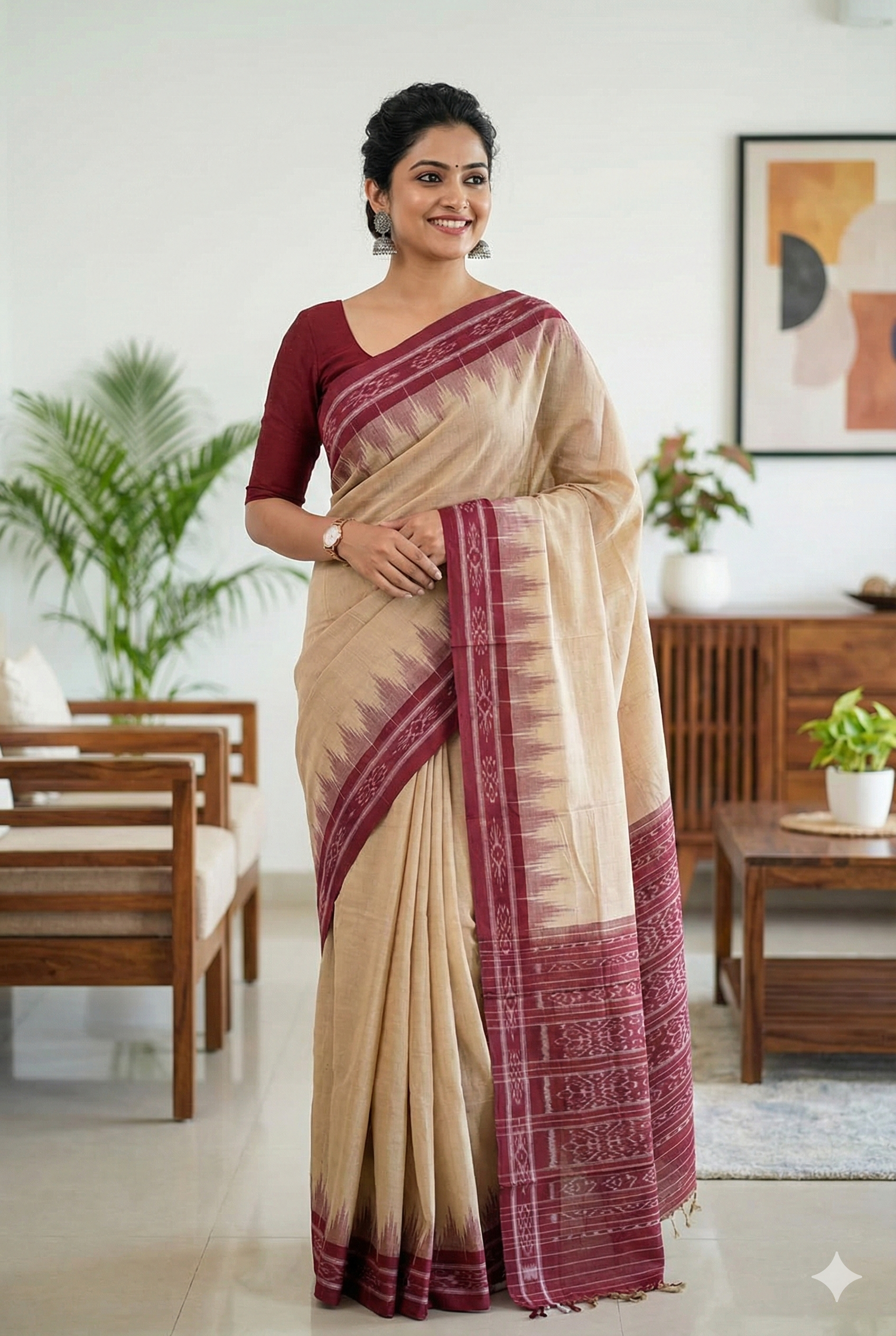 Authentic Odisha Khandua Cotton Saree - Cream Body with Maroon Flower Border and Ikat Pallu
