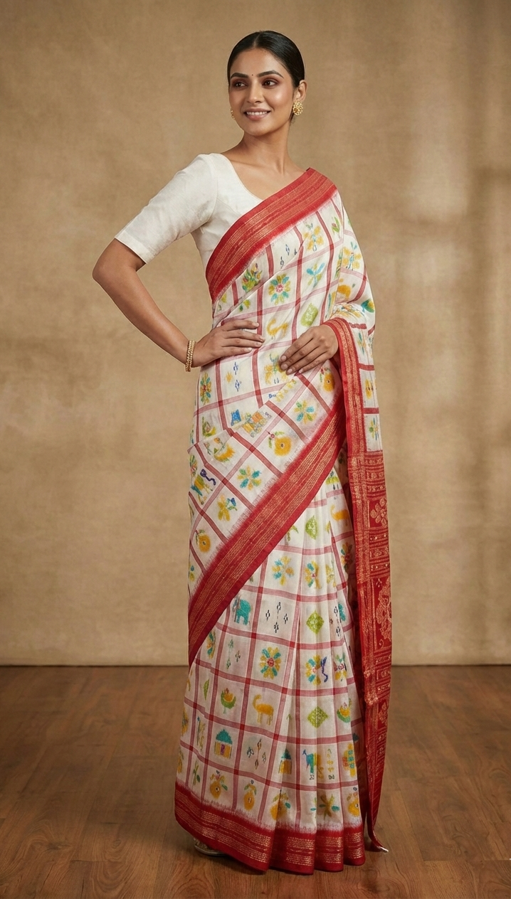 Traditional Handloom Odisha White & Red Nabakothi Silk Saree with Ikat Pallu