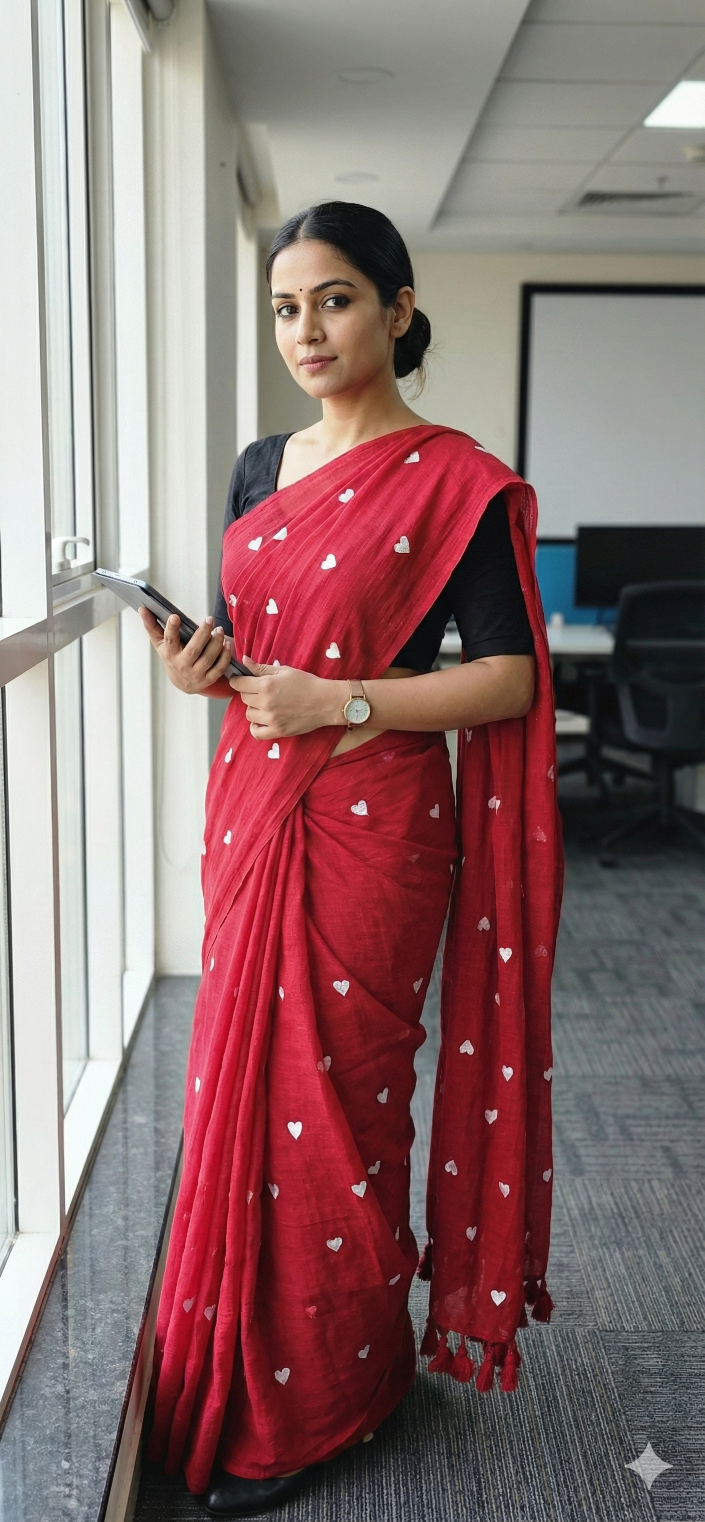 Red Embroidered Mul Coton Saree with Red Tassels | Corporate Babe Wear