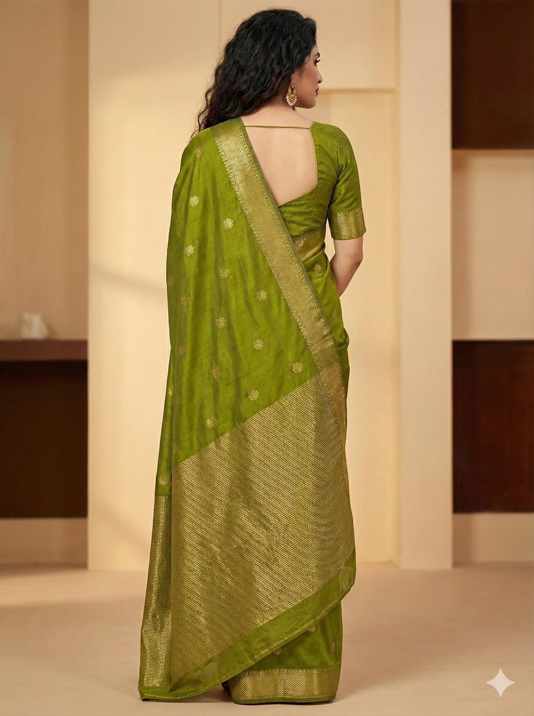 Handloom Parrot Green Maheshwari Silk Cotton Saree with Lotus Boota & Zari Border – Traditional Dobby Weave