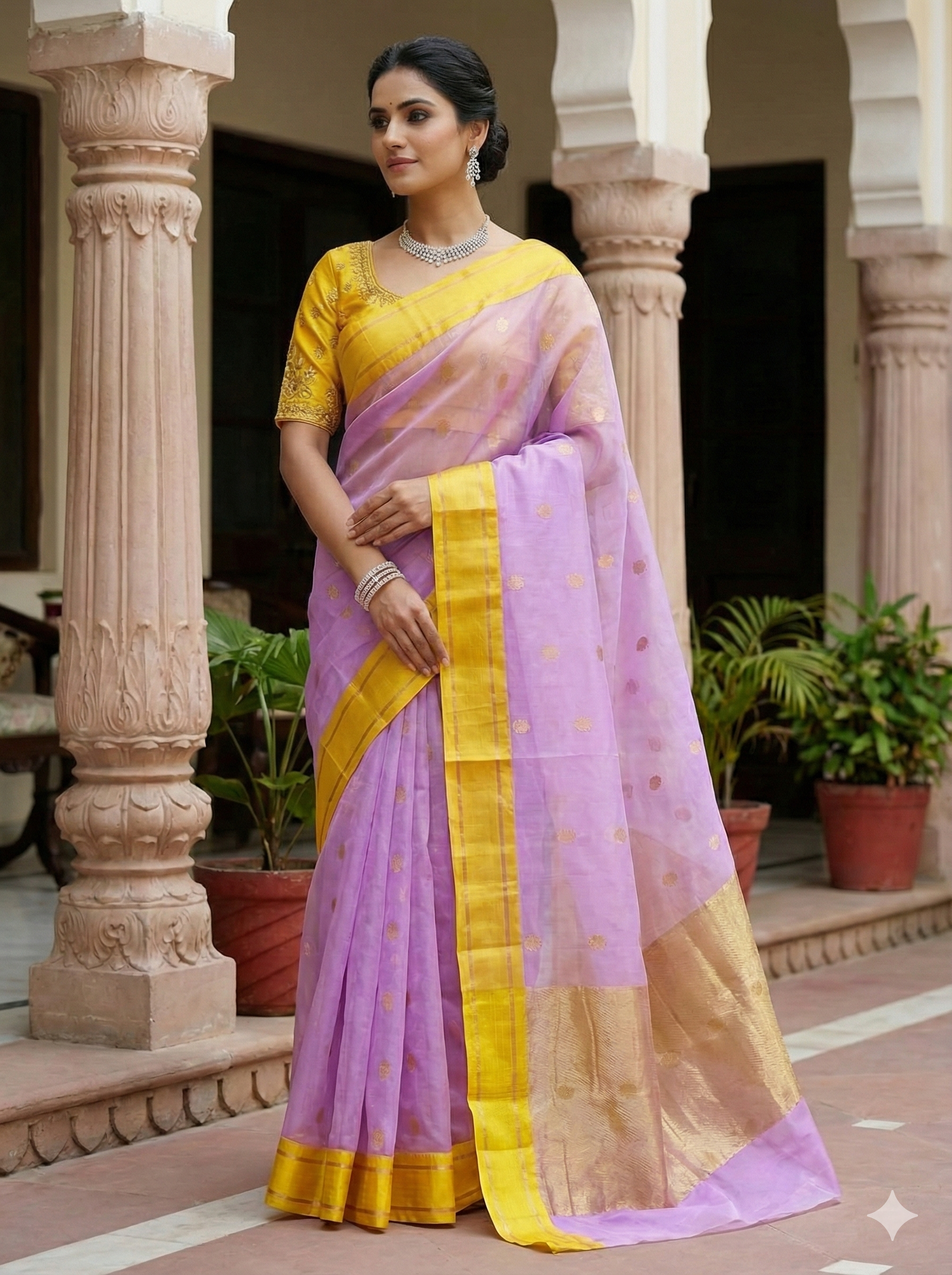 Premium Lavender and Yellow Katan Silk Organza Chanderi Saree with Pattu Silk Borders and Rich Zari Pallu