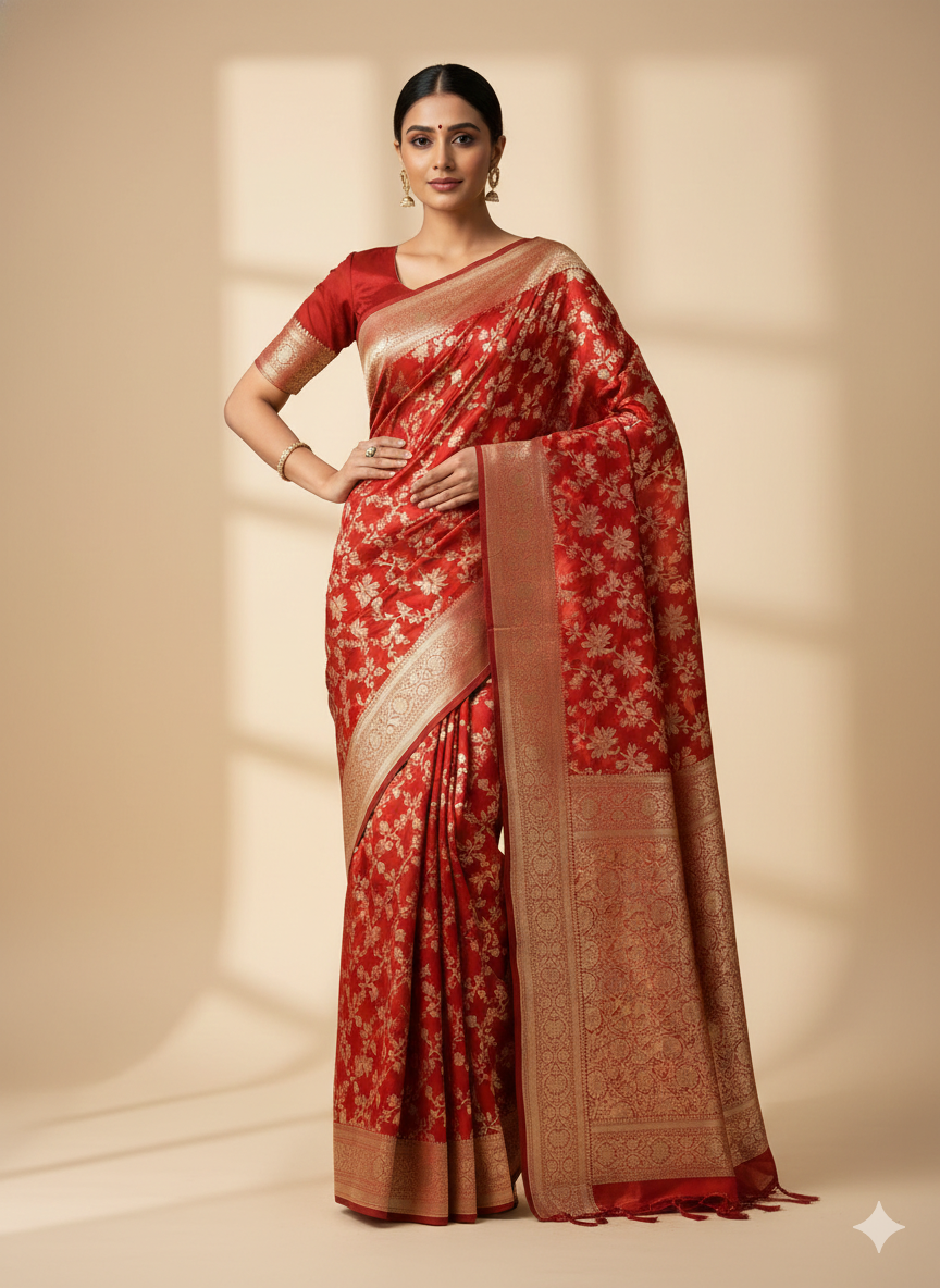 Classic Bridal Red Pure Katan Silk Banarasi Saree with All-Over Gold Zari Floral Jaal