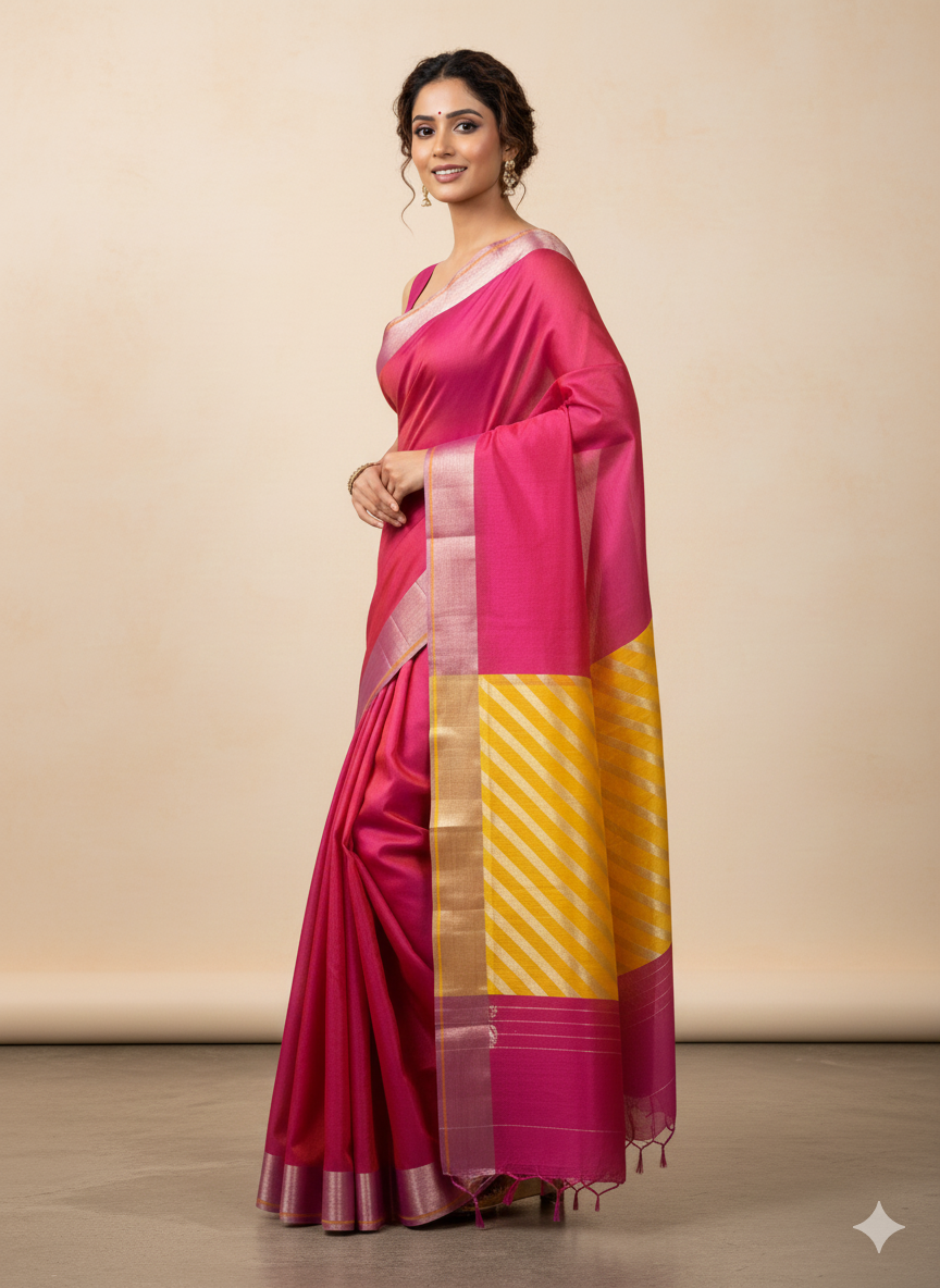 Premium unique Pink Pattu Silk Chanderi Saree with Silver zari patela border Taraj designing strips pallu | SUTA‑SAGA