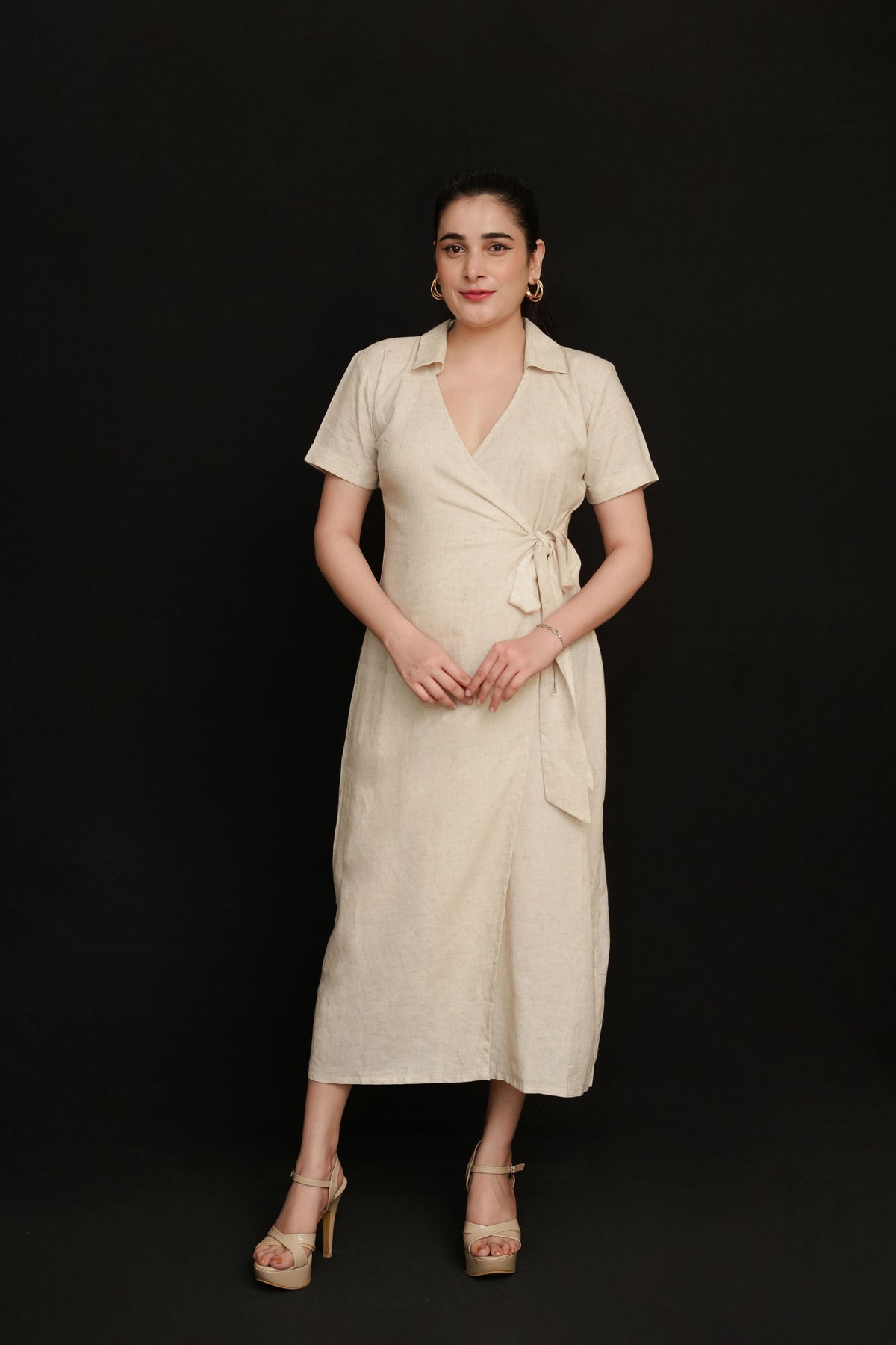 Beige Modal Linen Wrap Dress | Collared V-Neck Maxi with Side Tie