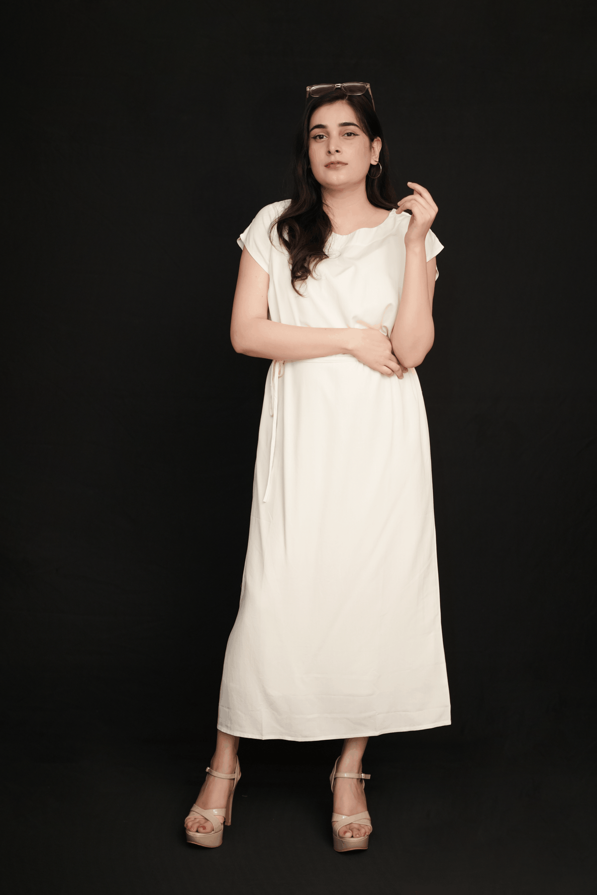 Off White Rayon Maxi Dress | Round Neck with Drawstring Tie Waist