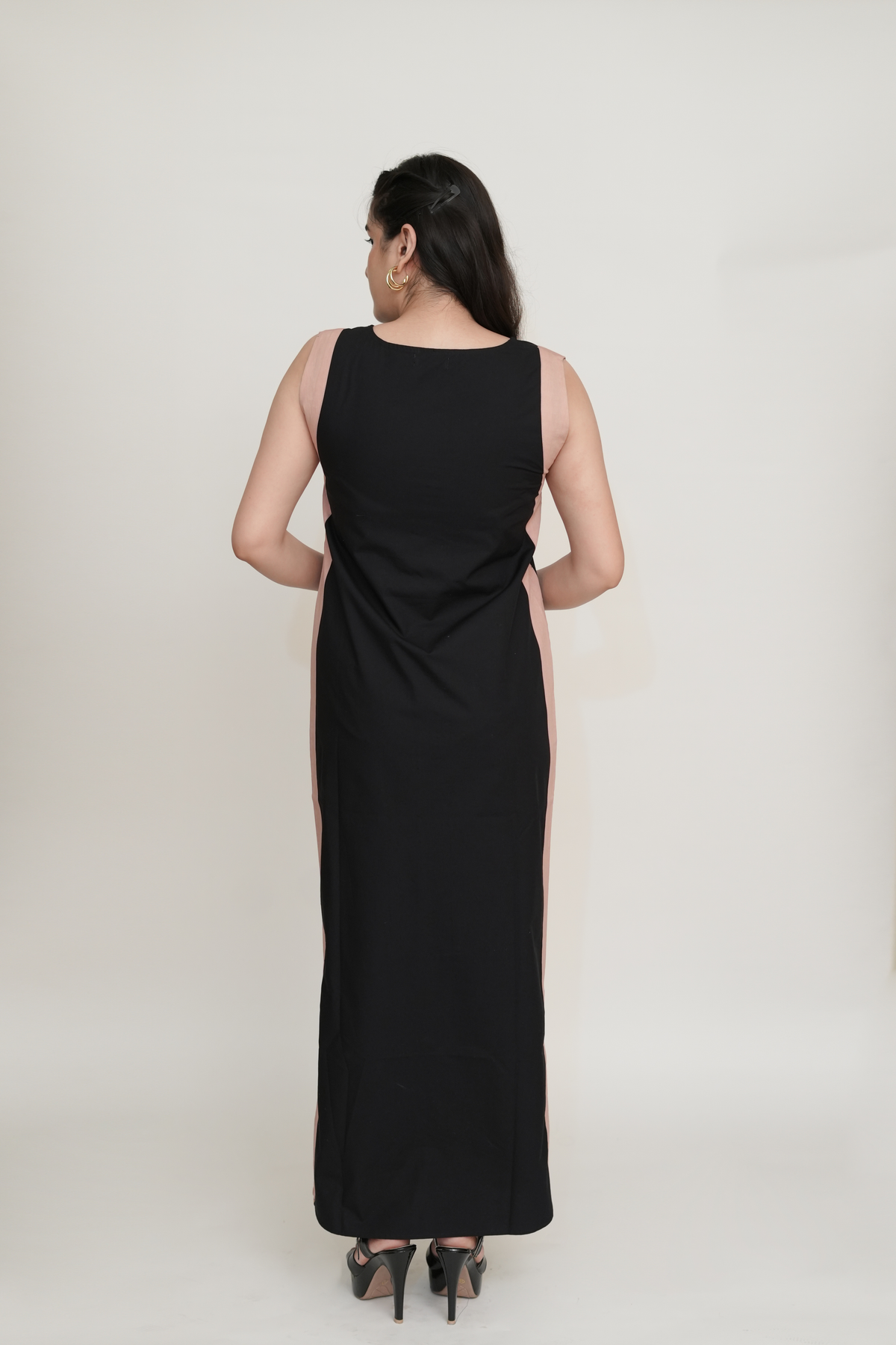 Black and Blush Pink Solid Colorblock Maxi Popline Cotton Dress