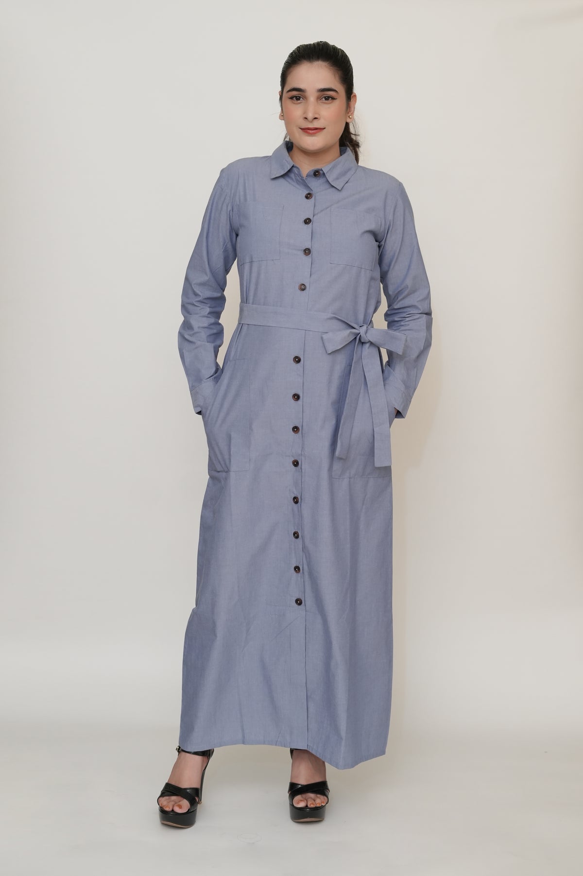 Blue Chambray Maxi Shirt Dress | Full Sleeve with Tie Belt & Pockets