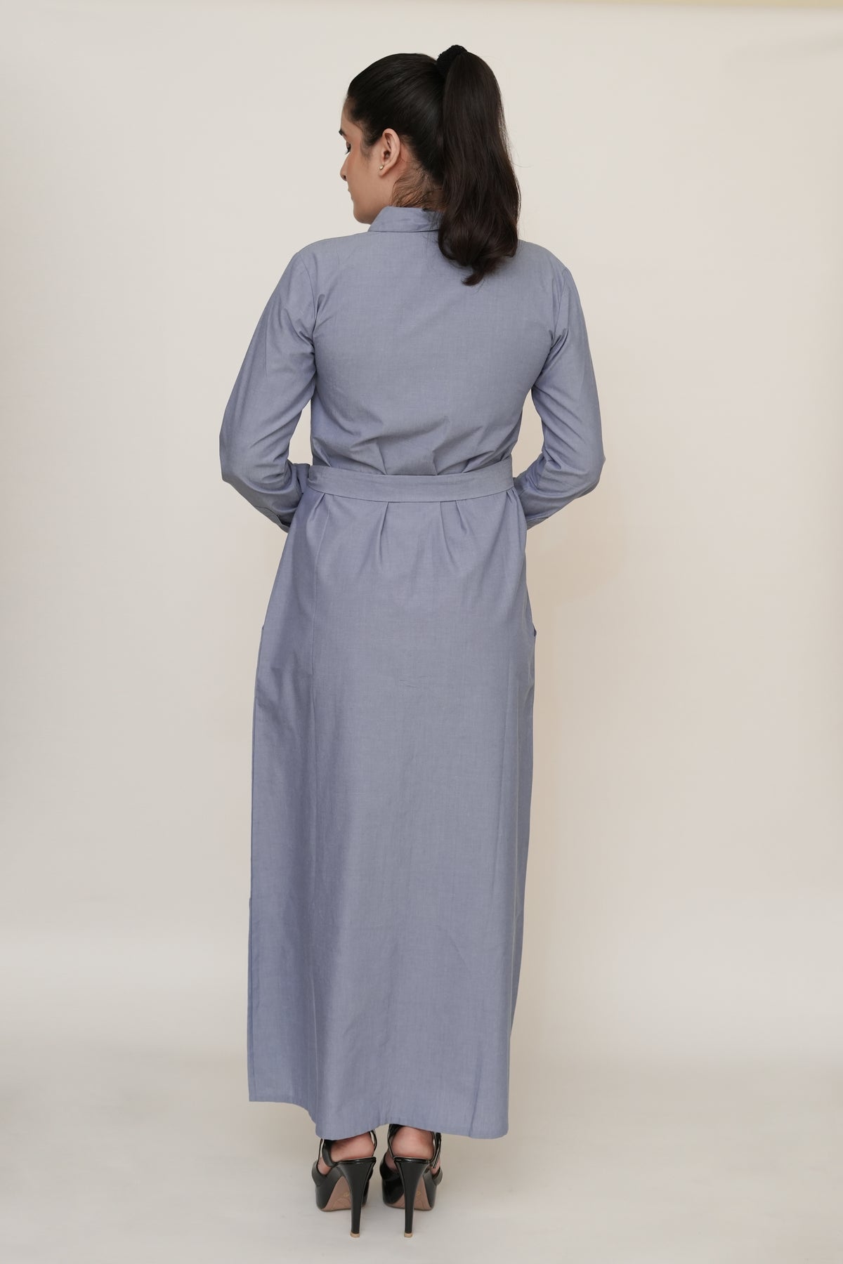 Blue Chambray Maxi Shirt Dress | Full Sleeve with Tie Belt & Pockets