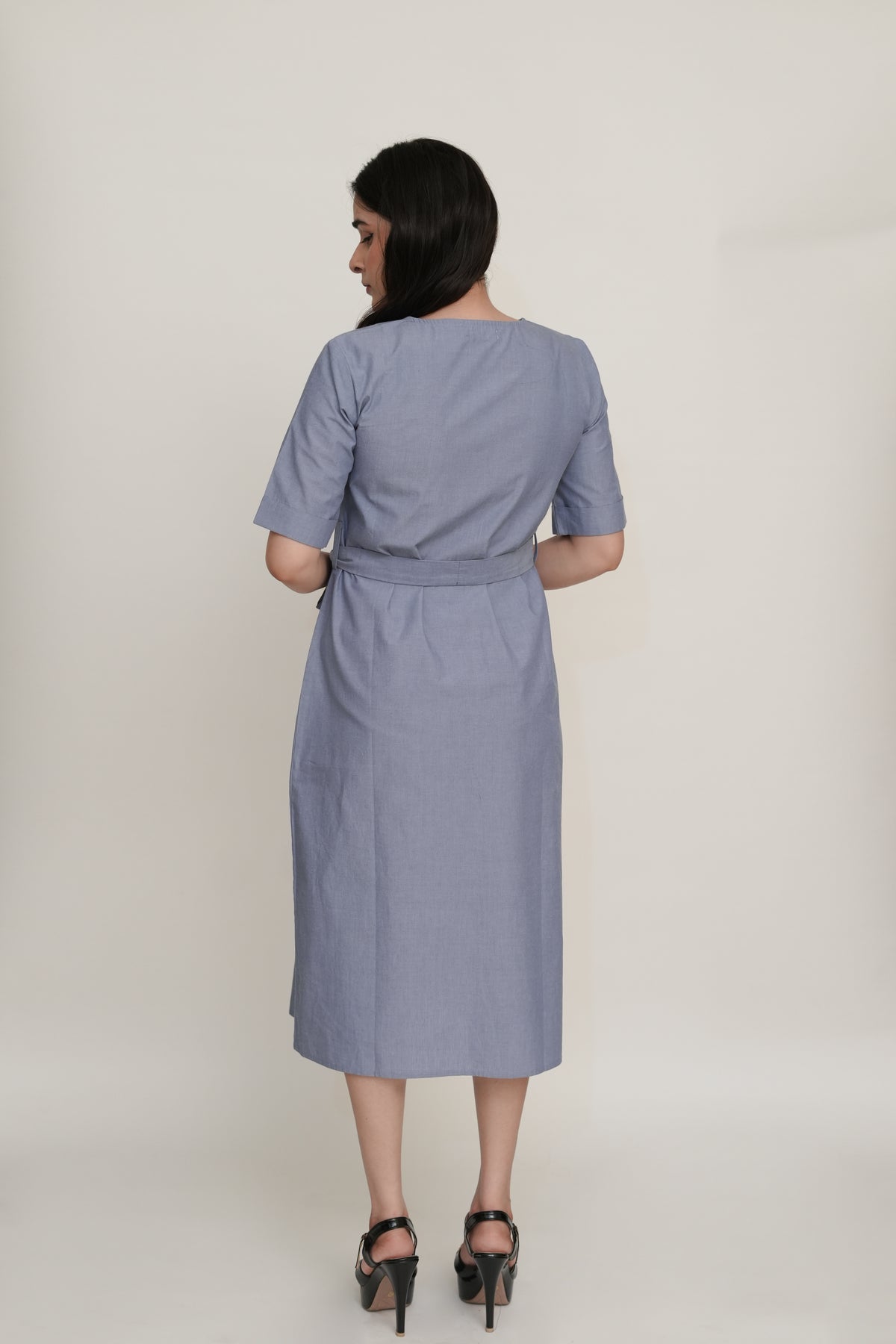 Blue Chambray Midi Dress | V-Neck Button-Down with Tie Belt