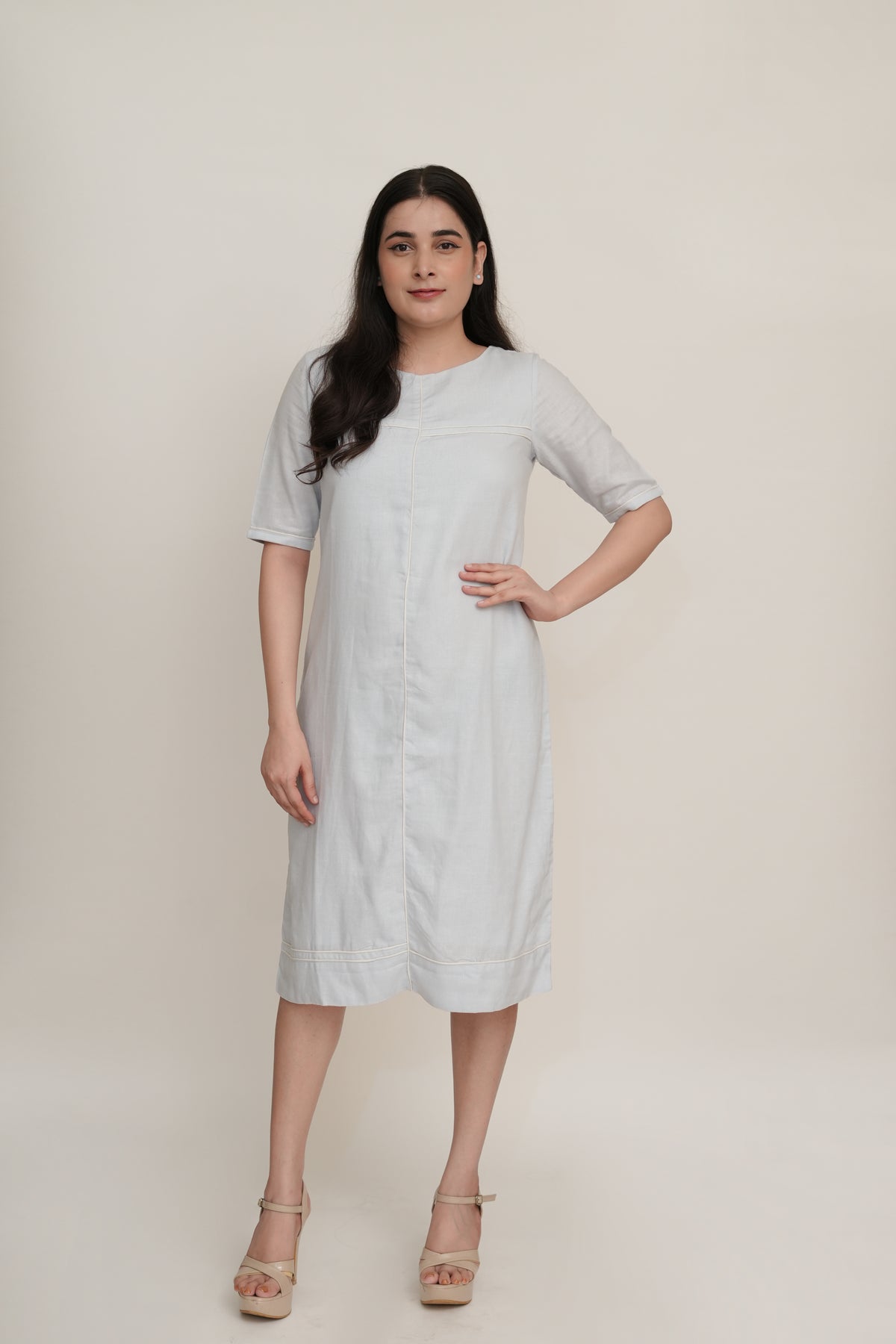 Powder Blue Modal Linen Midi Dress | Round Neck with Contrast Piping