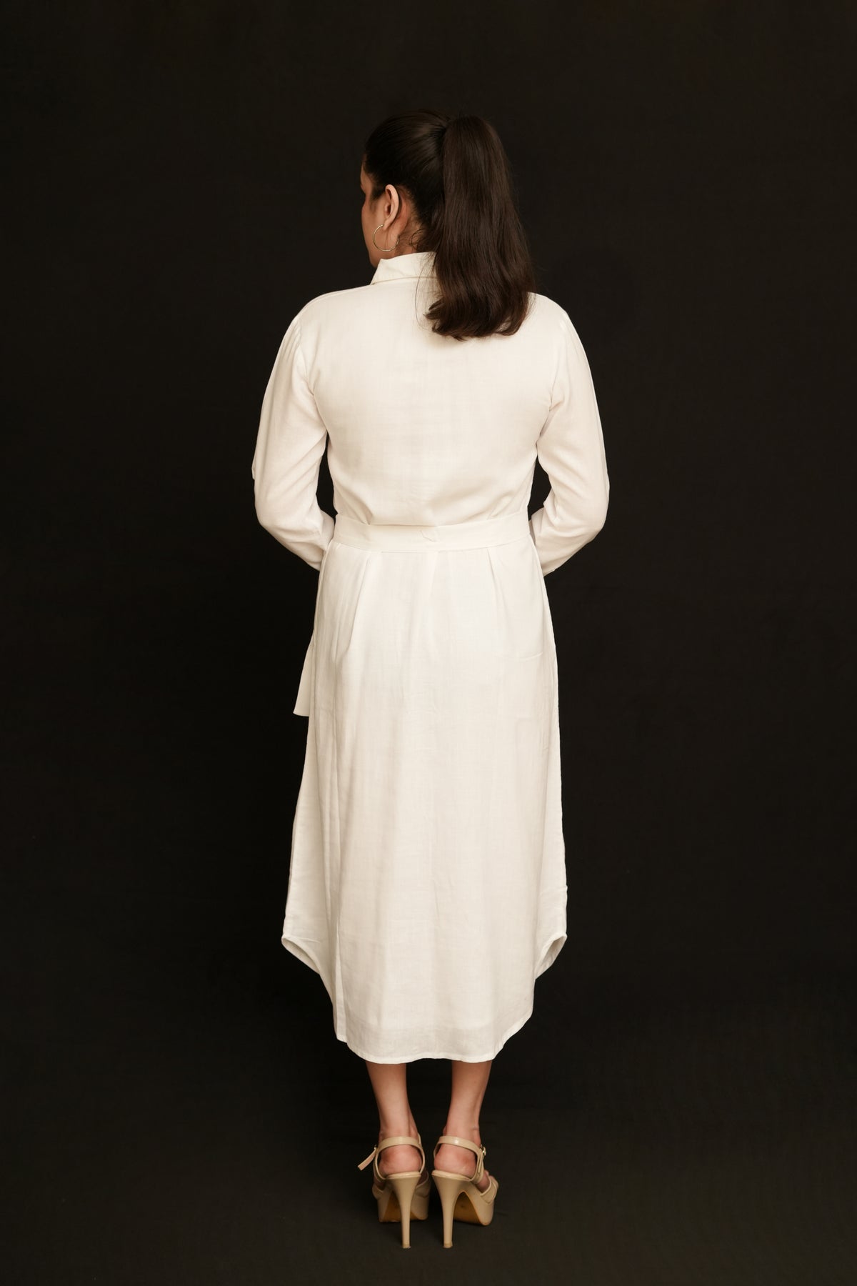 White Modal Linen Shirt Dress | Full Sleeve Maxi with Tie Belt