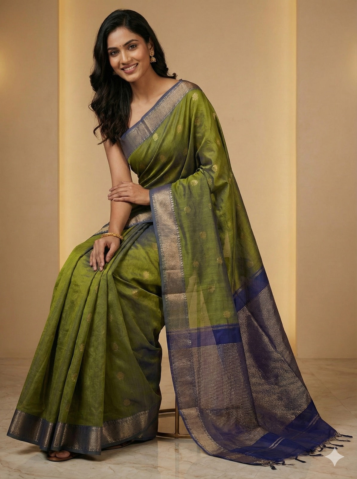 Handloom Olive Green & Royal Blue Maheshwari Silk Cotton Saree with Floral Boota & Zari Border – Traditional Dobby Weave