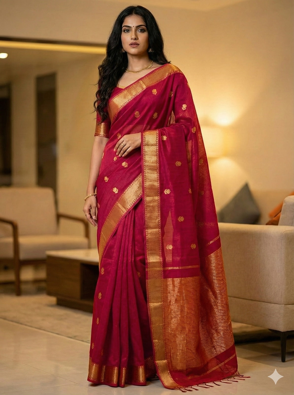 Handloom Rani Pink Maheshwari Silk Cotton Saree with Lotus Boota & Zari Border – Traditional Dobby Weave