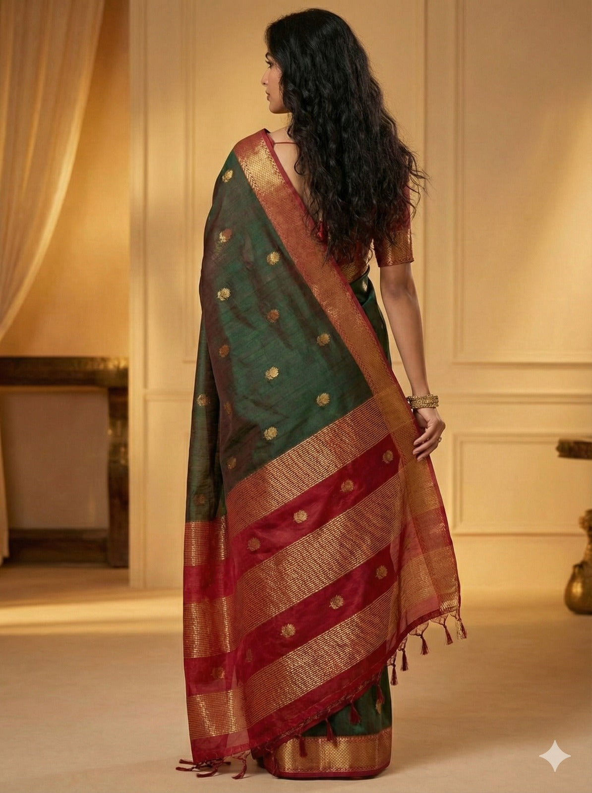 Handloom Bottle Green & Rani Pink Maheshwari Silk Cotton Saree with Lotus Boota & Zari Border – Traditional Dobby Weave