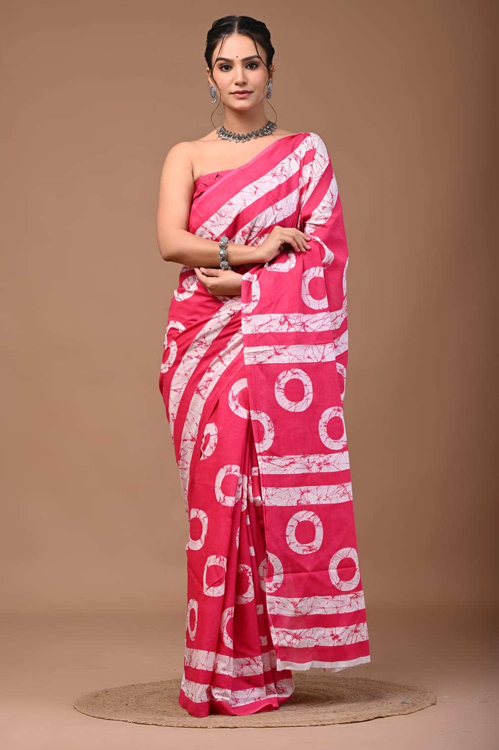 Hot Pink Batik Mul Cotton Saree | Boho-Chic Summer Style