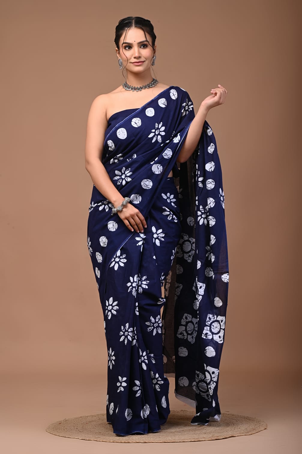 The 'Indigo Folklore' Hand-Block Mul Cotton Saree