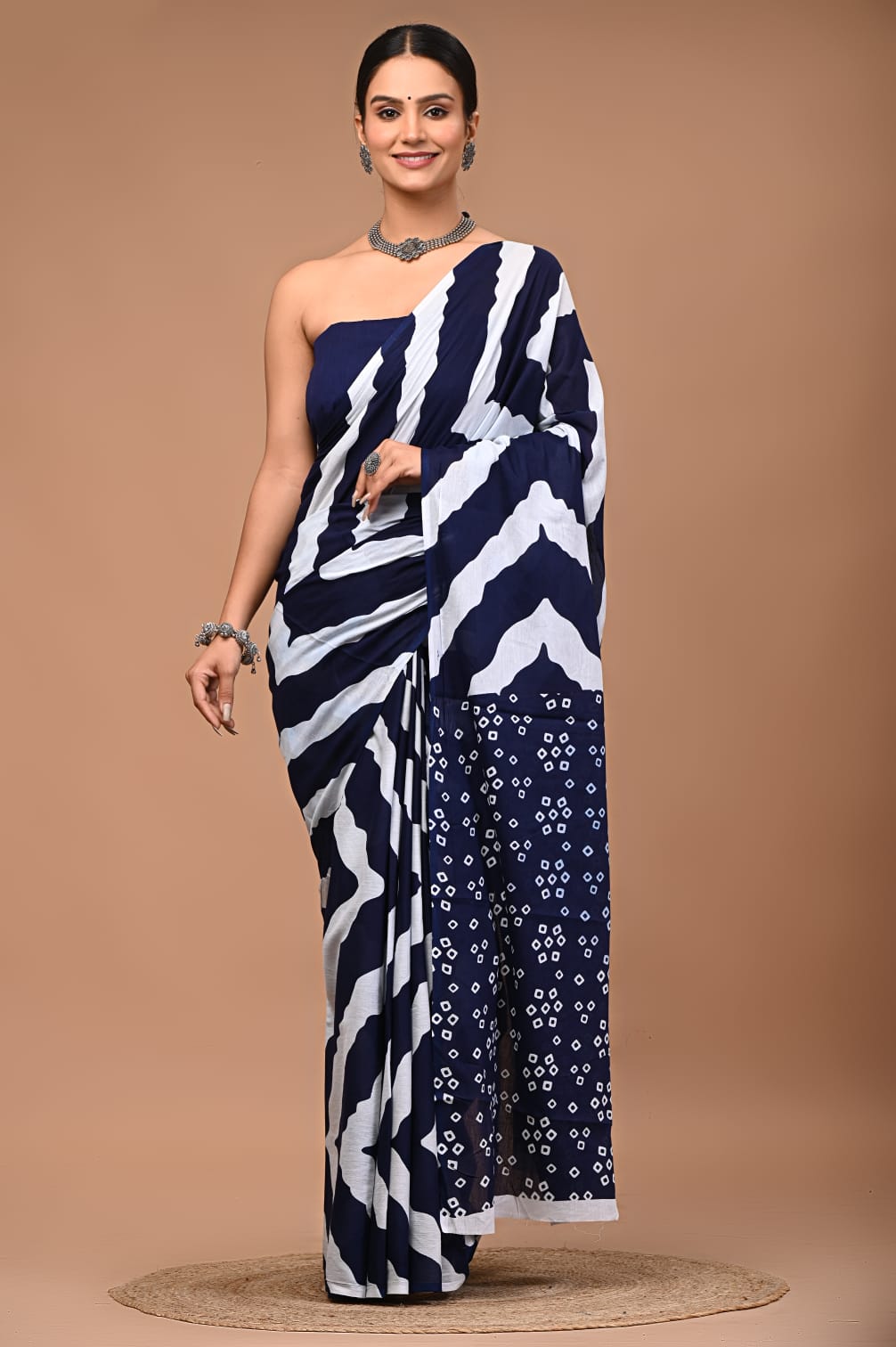 The 'Urban Zebra' Navy Edition (Focus on Modern & Bold) Hand-Block Mul Cotton Saree