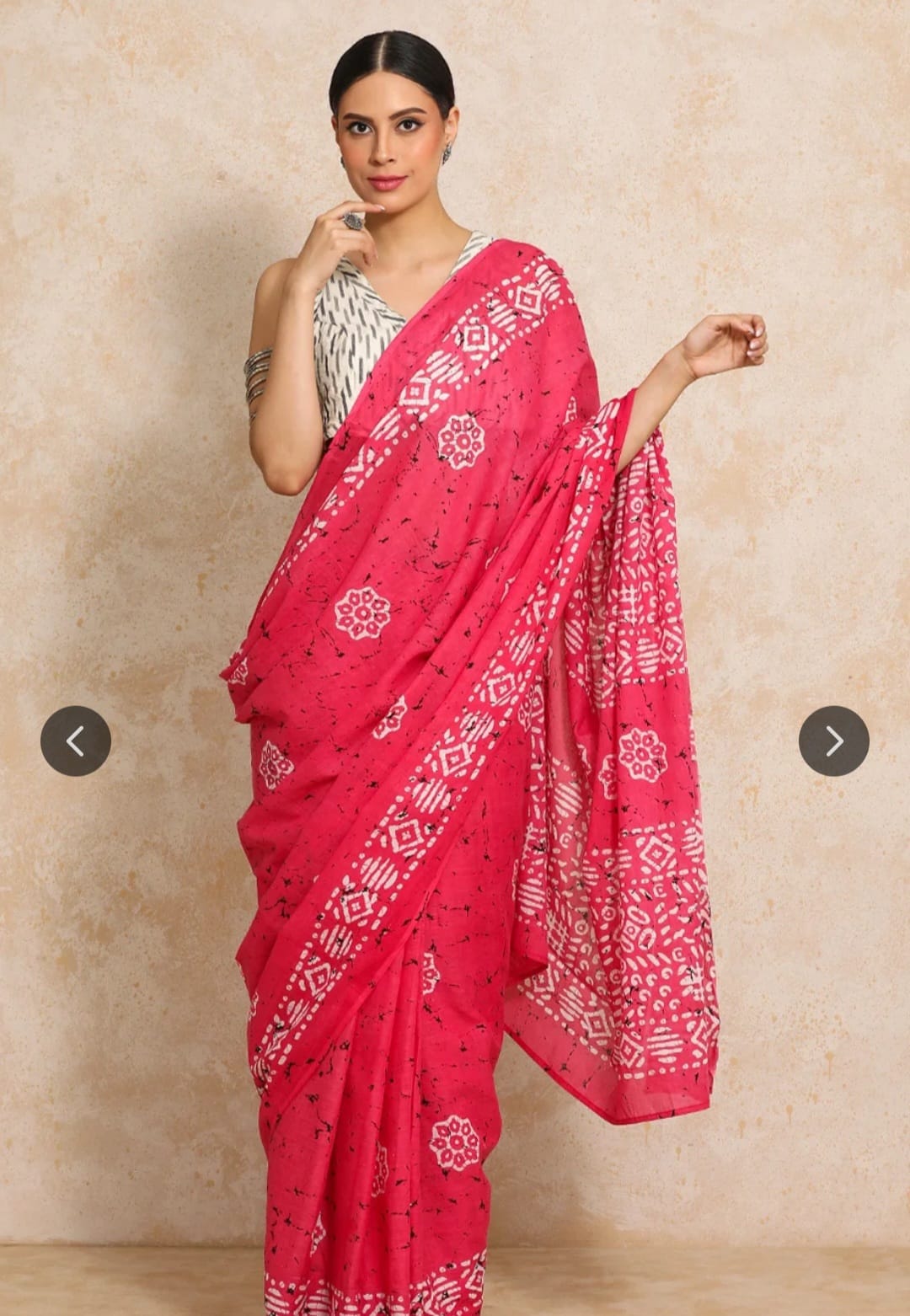 Fuchsia Pink Batik Mulmul Cotton Saree with Geometric Motifs