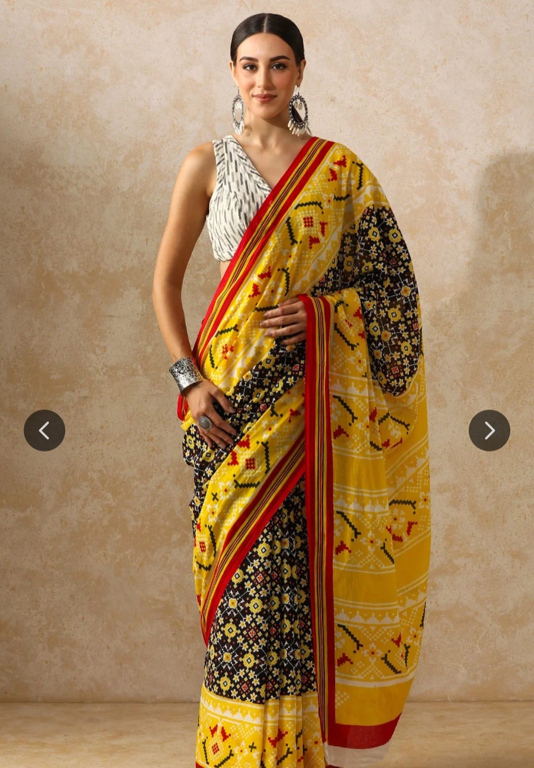 Yellow & Black Ikat Print Mulmul Saree - Patola or Ikat-inspired print